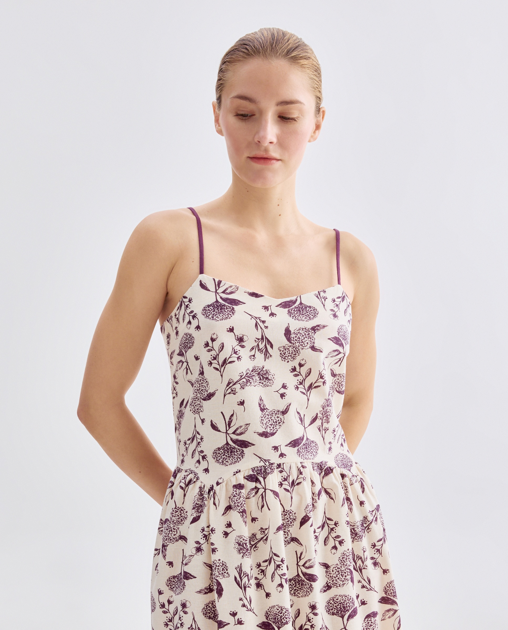 Vestido de mujer de flores con lino Marrón-2