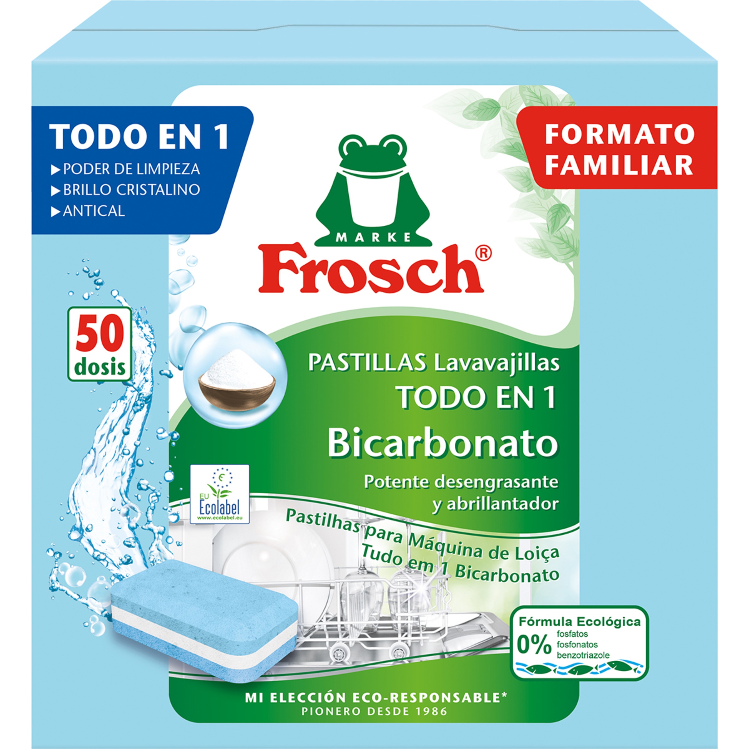 detergente lavavajillas Todo en 1 con bicarbonato caja 50 dosis