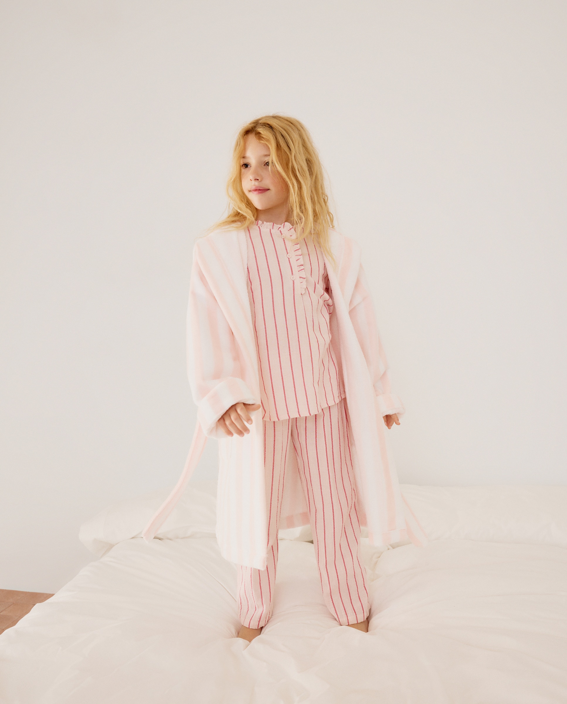 Roupão de Banho de Algodão às Riscas Rosa-2