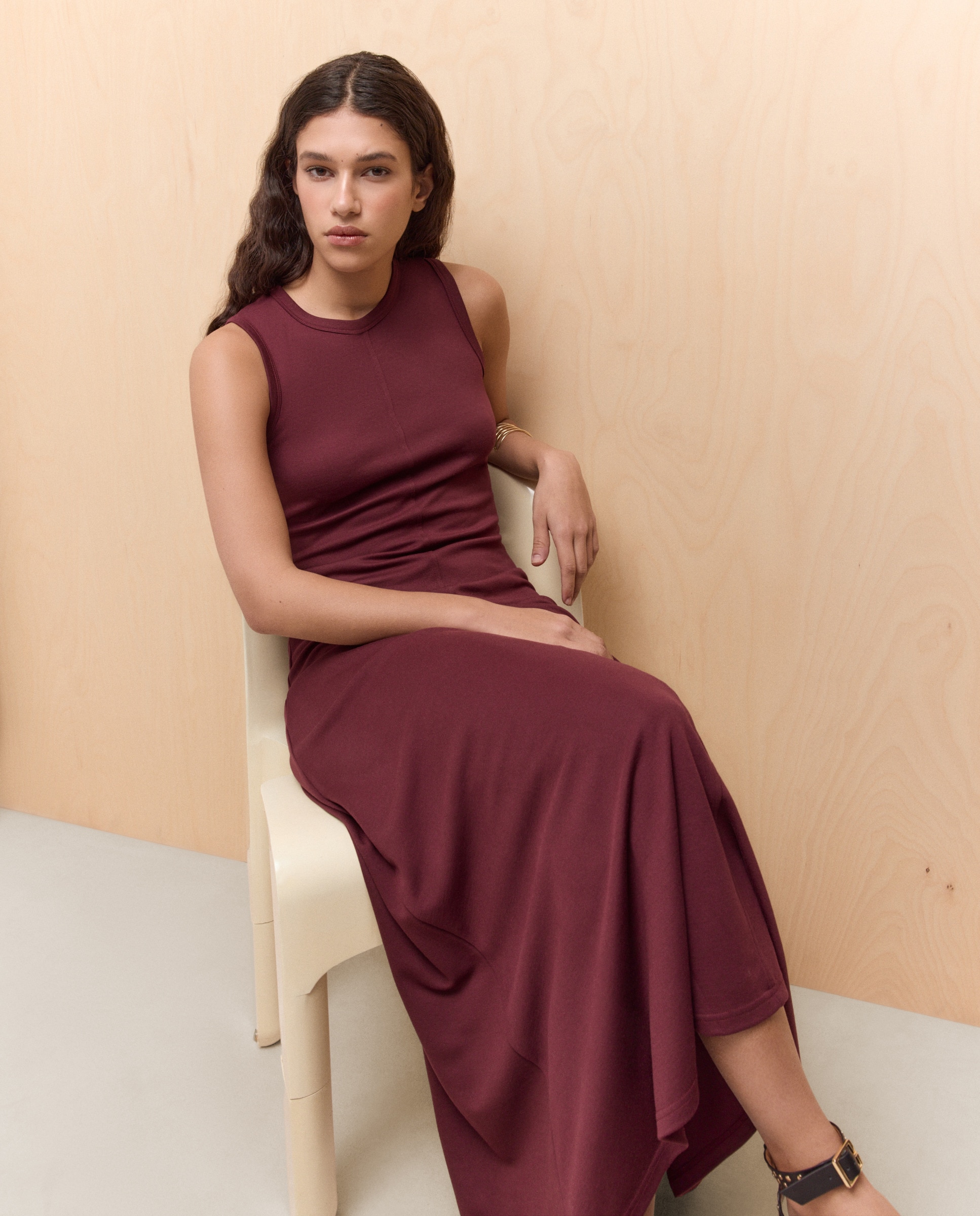 Vestido Midi sem Mangas Bordeaux-2