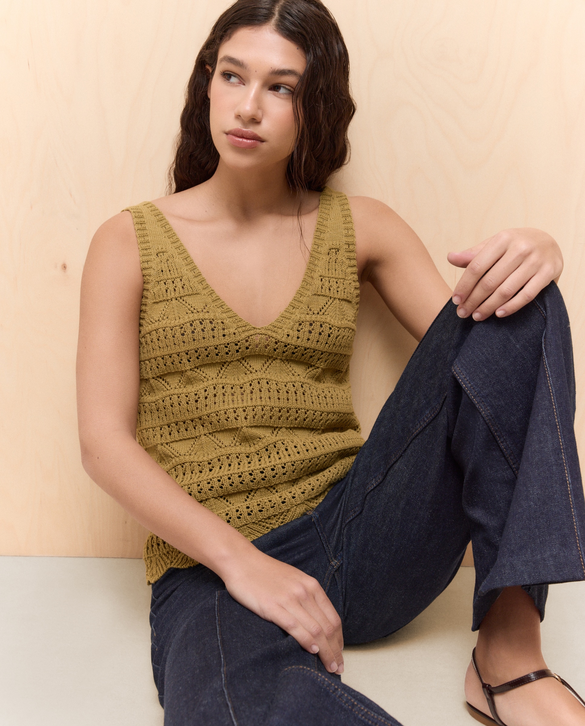 Top de Malha de Crochet com Rendilhado 560 Azeitona-2