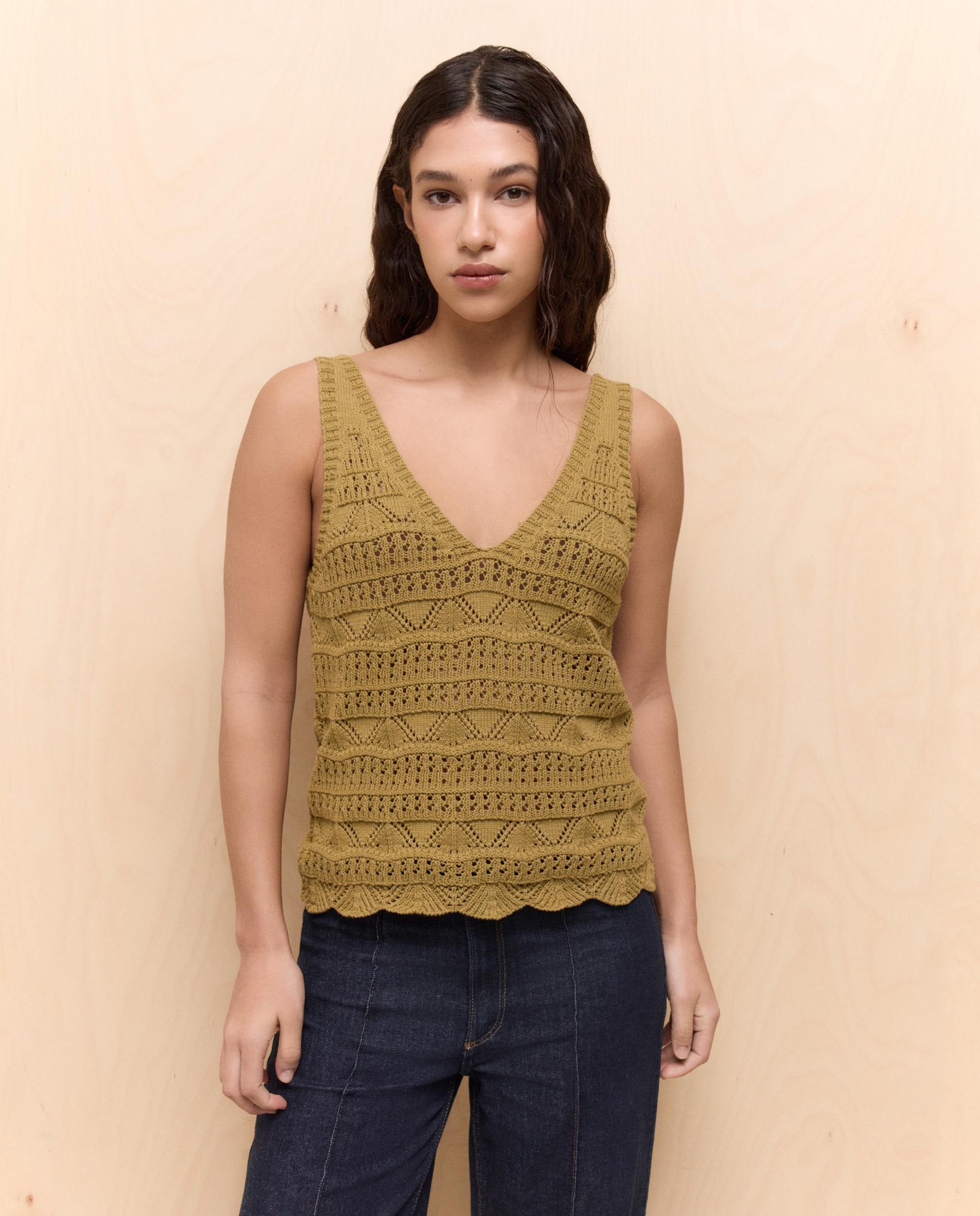 Top de Malha de Crochet com Rendilhado 560 Azeitona-3