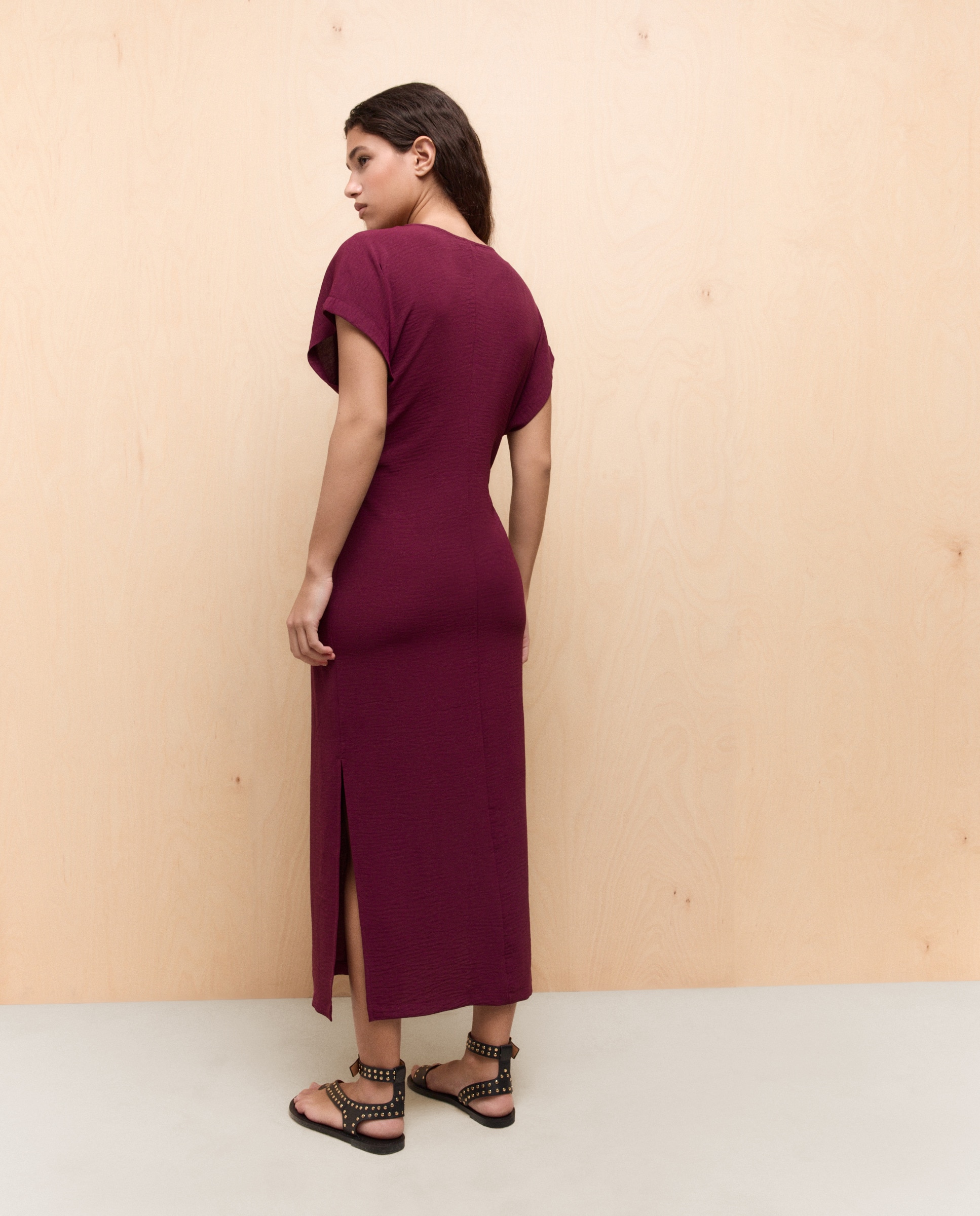 Vestido Midi Drapeado sem Mangas Bordeaux-3