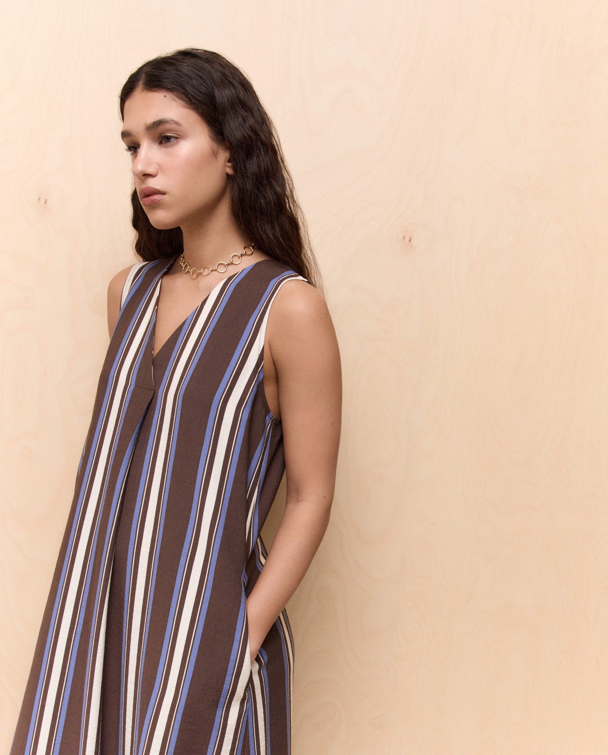 Vestido Comprido com Lavagem e às Riscas Castanho-2