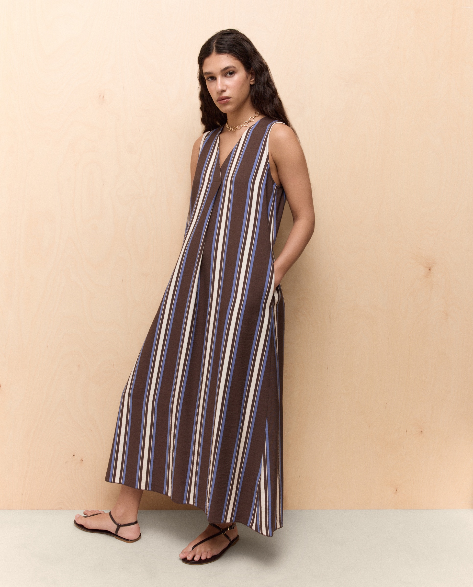 Vestido Comprido com Lavagem e às Riscas Castanho-1