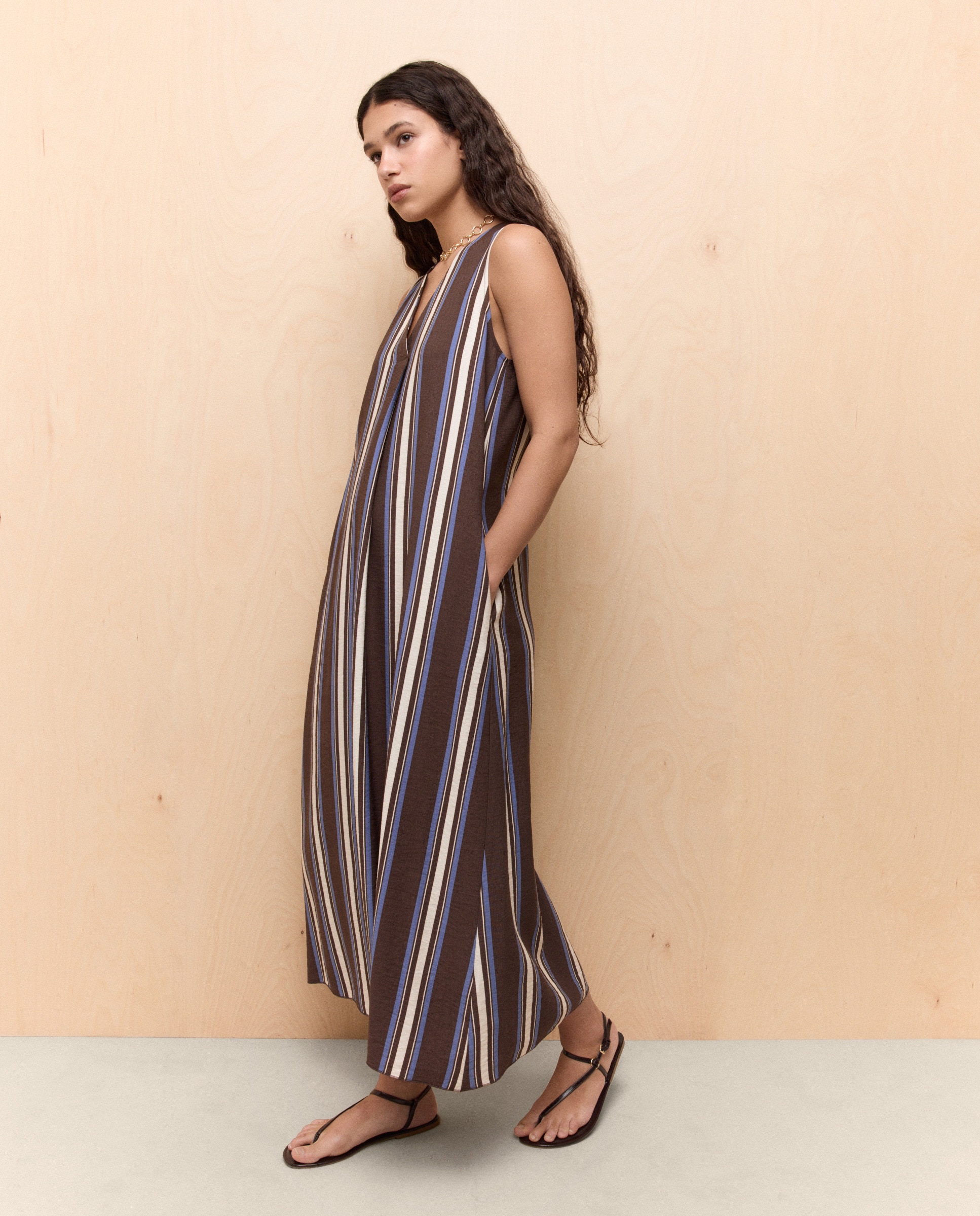 Vestido Comprido com Lavagem e às Riscas Castanho-4