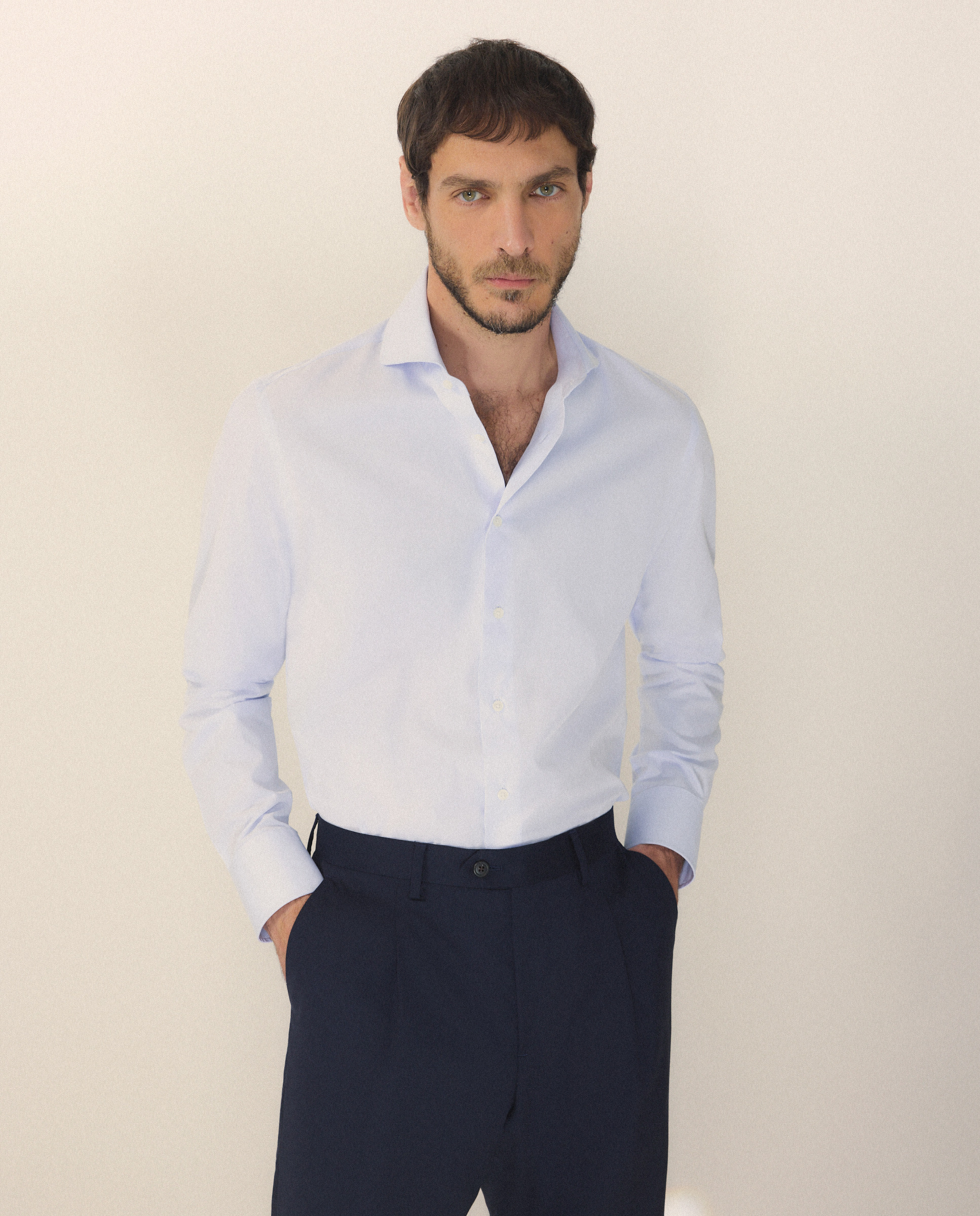 Camisa Clássica de Algodão Egípcio Slim Fit com Manga Comprida Azul-1