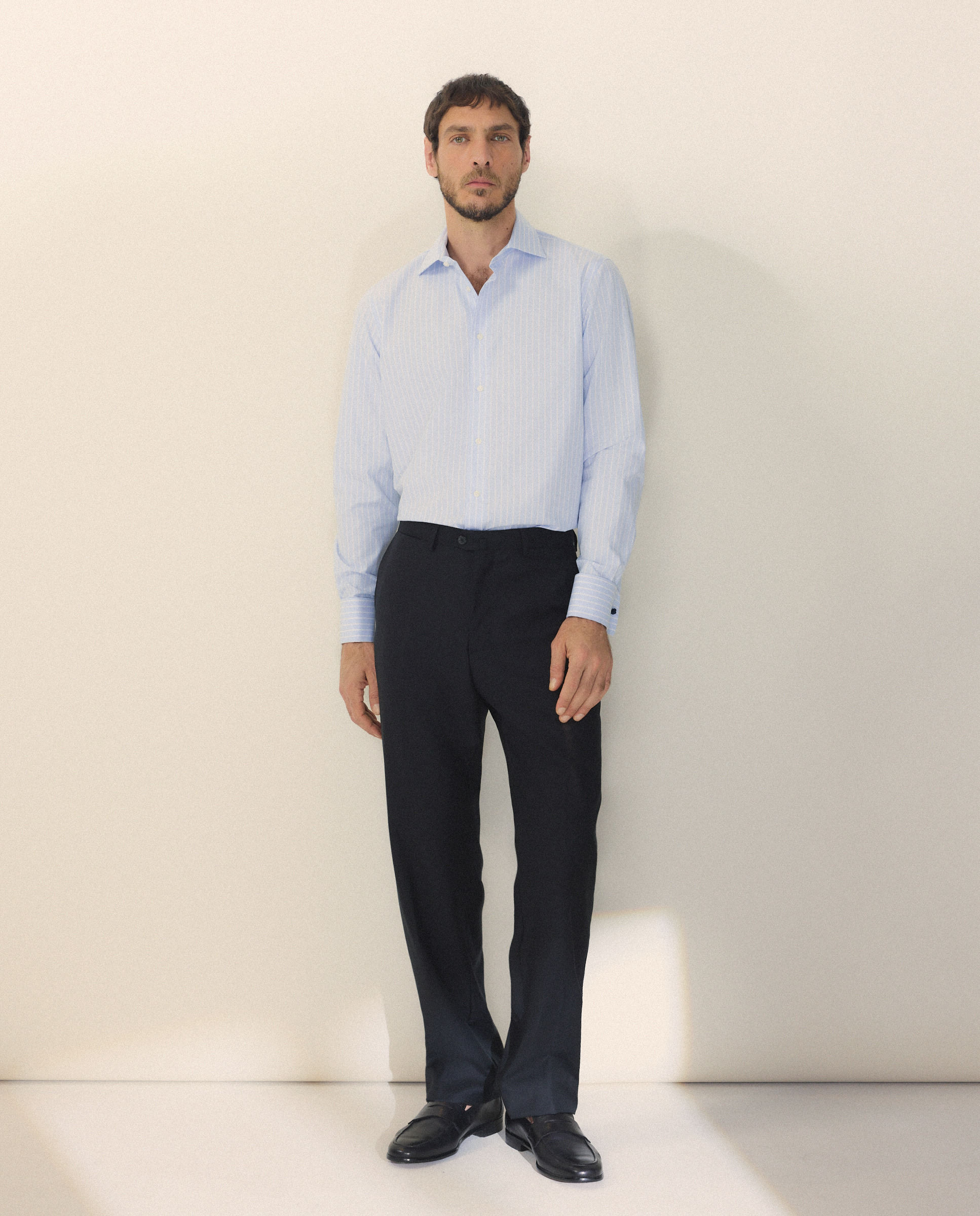 Camisa Clássica Non Iron com Risca Larga e Manga Comprida Azul-2