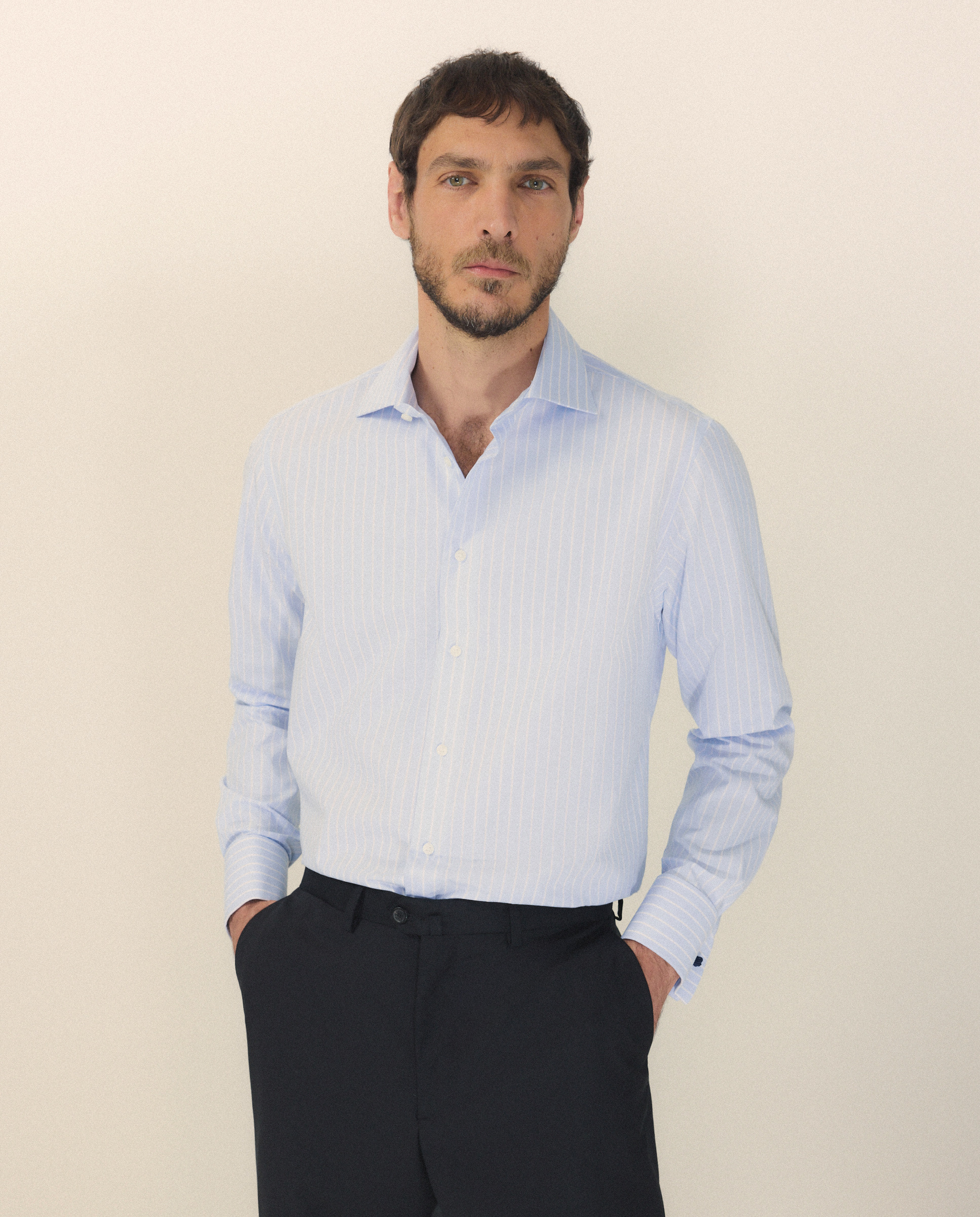 Camisa Clássica Non Iron com Risca Larga e Manga Comprida Azul-1