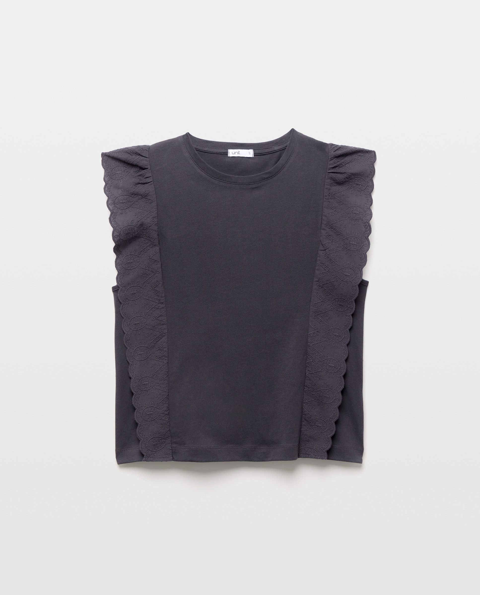 Camiseta de mujer cuello caja volantes Negro-4