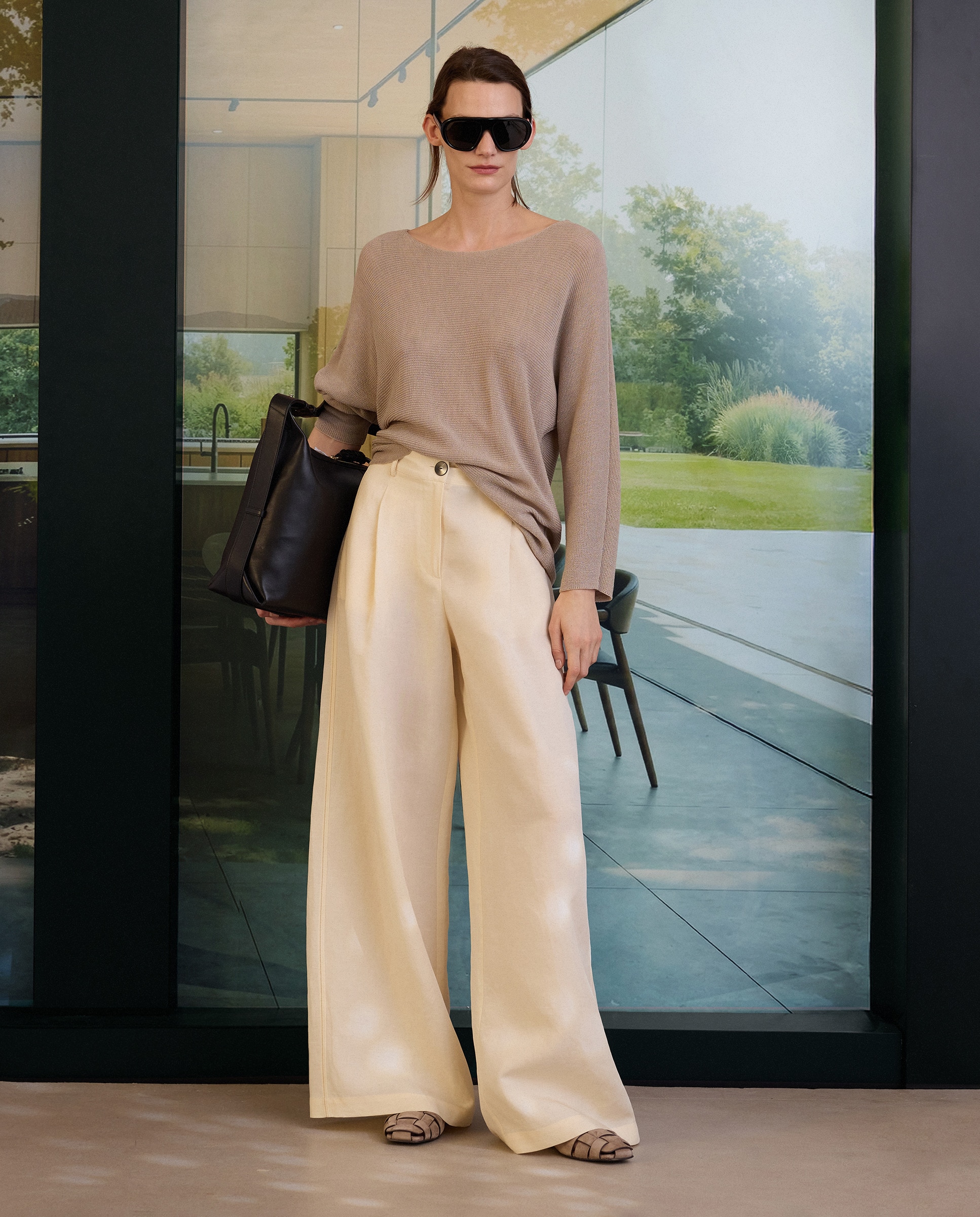 Calças de Linho Tipo Palazzo Branco-marfim-1