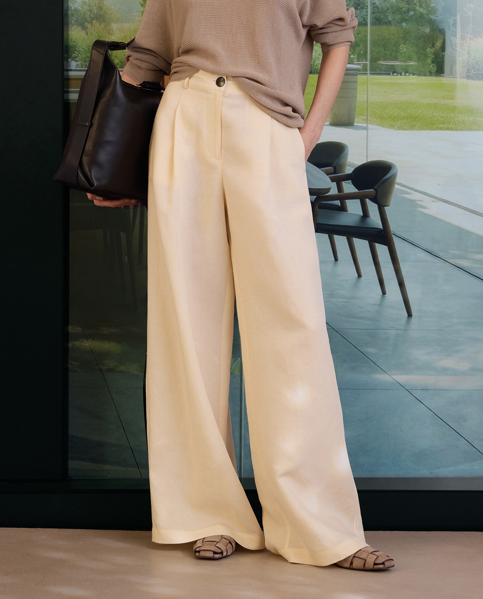 Calças de Linho Tipo Palazzo Branco-marfim-2