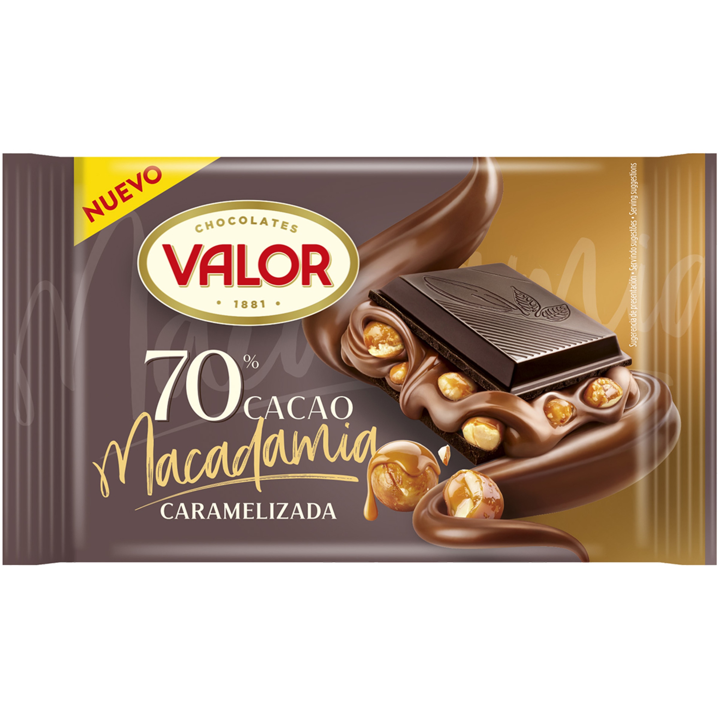 chocolate negro 70% cacao relleno de nueces de macadamia caramelizadas tableta 150 g