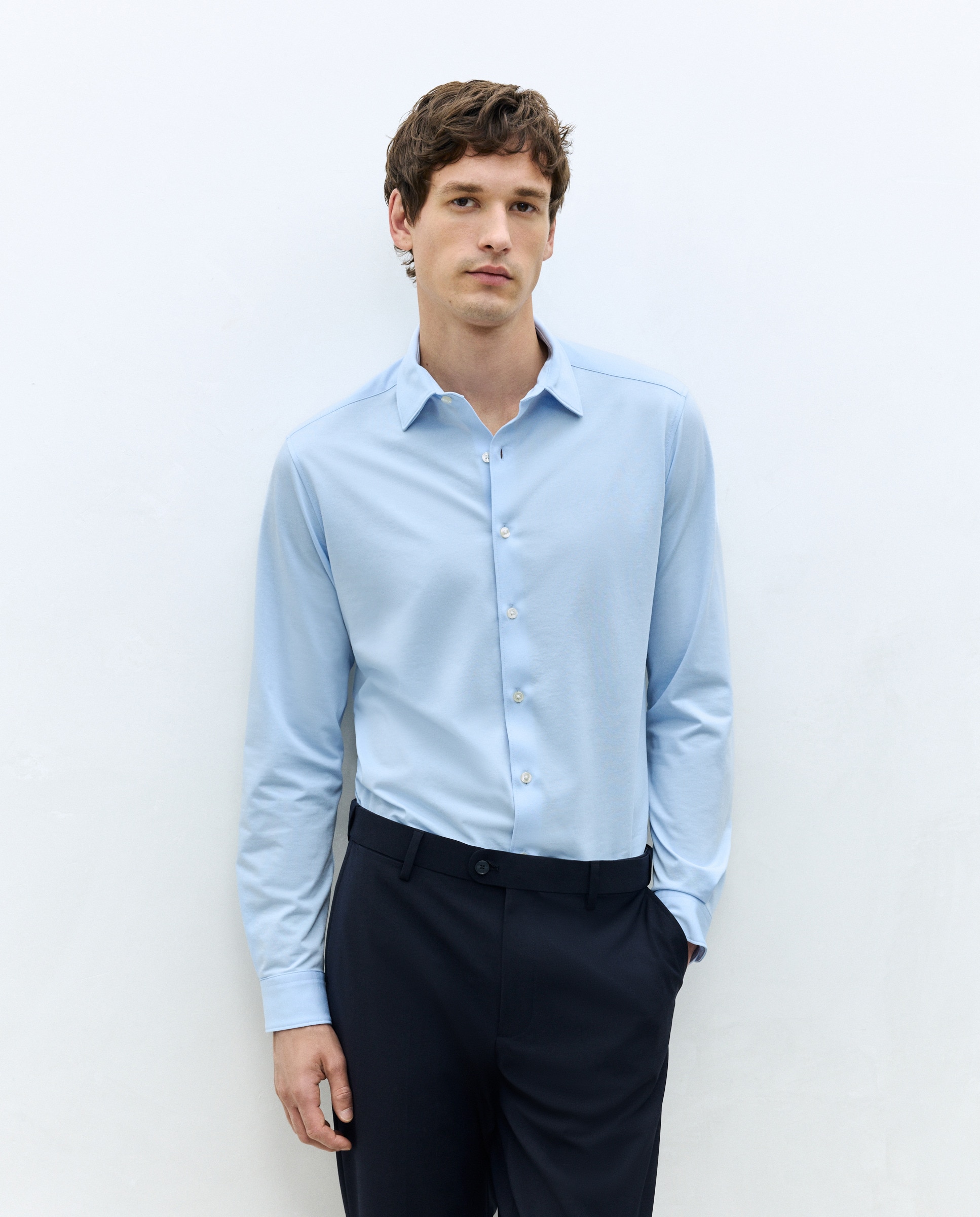 Camisa Clássica de Malha Regular Fit com Manga Comprida Azul-claro-1