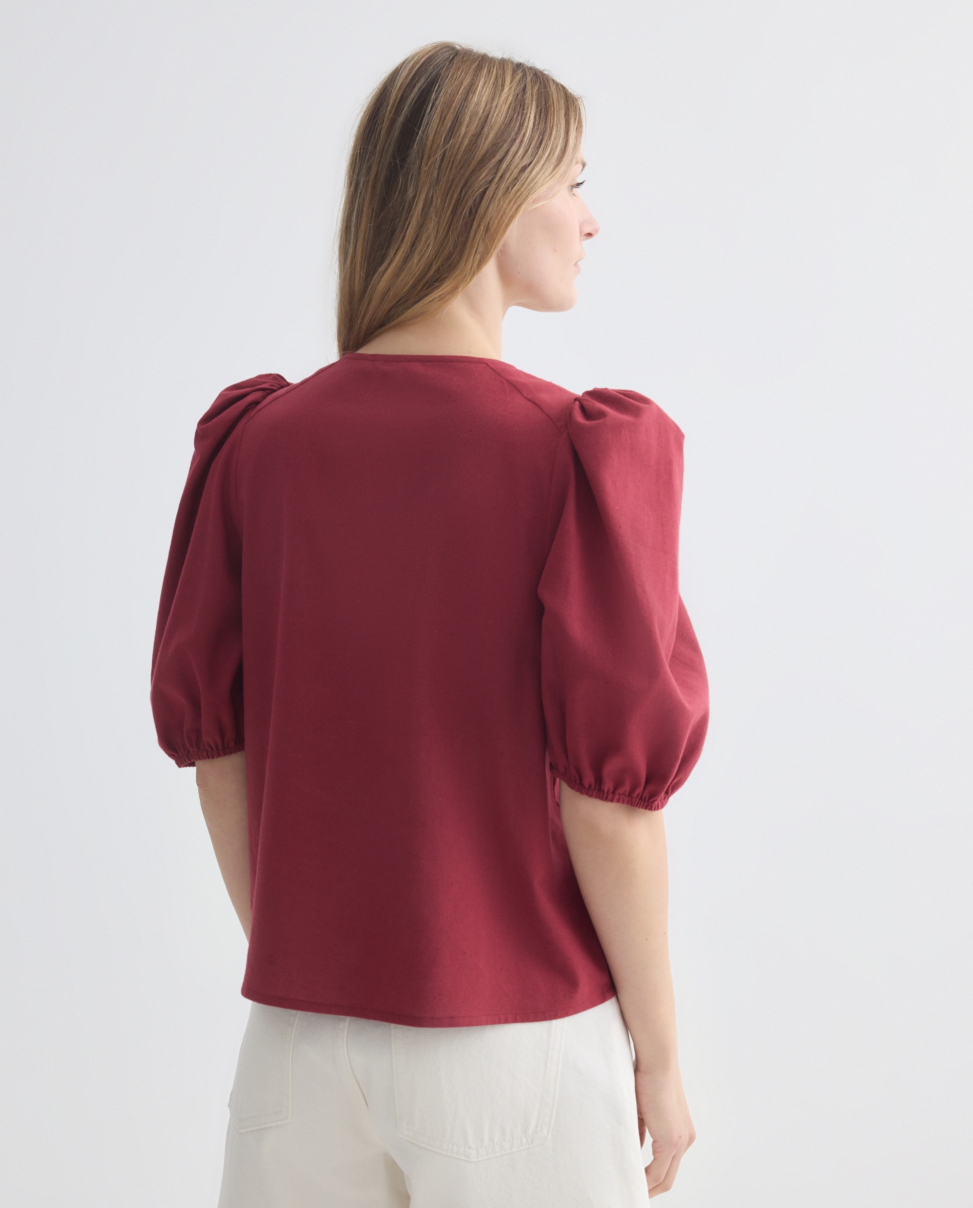 Blusa de mujer con manga abullonada Burdeos-3