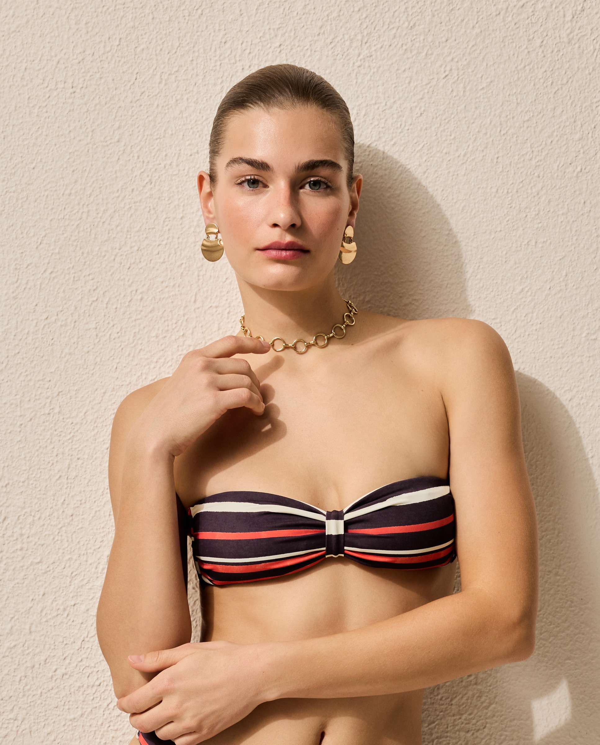 Soutien de Biquíni Bandeau com Estampado às Riscas e Detalhe Castanho-2