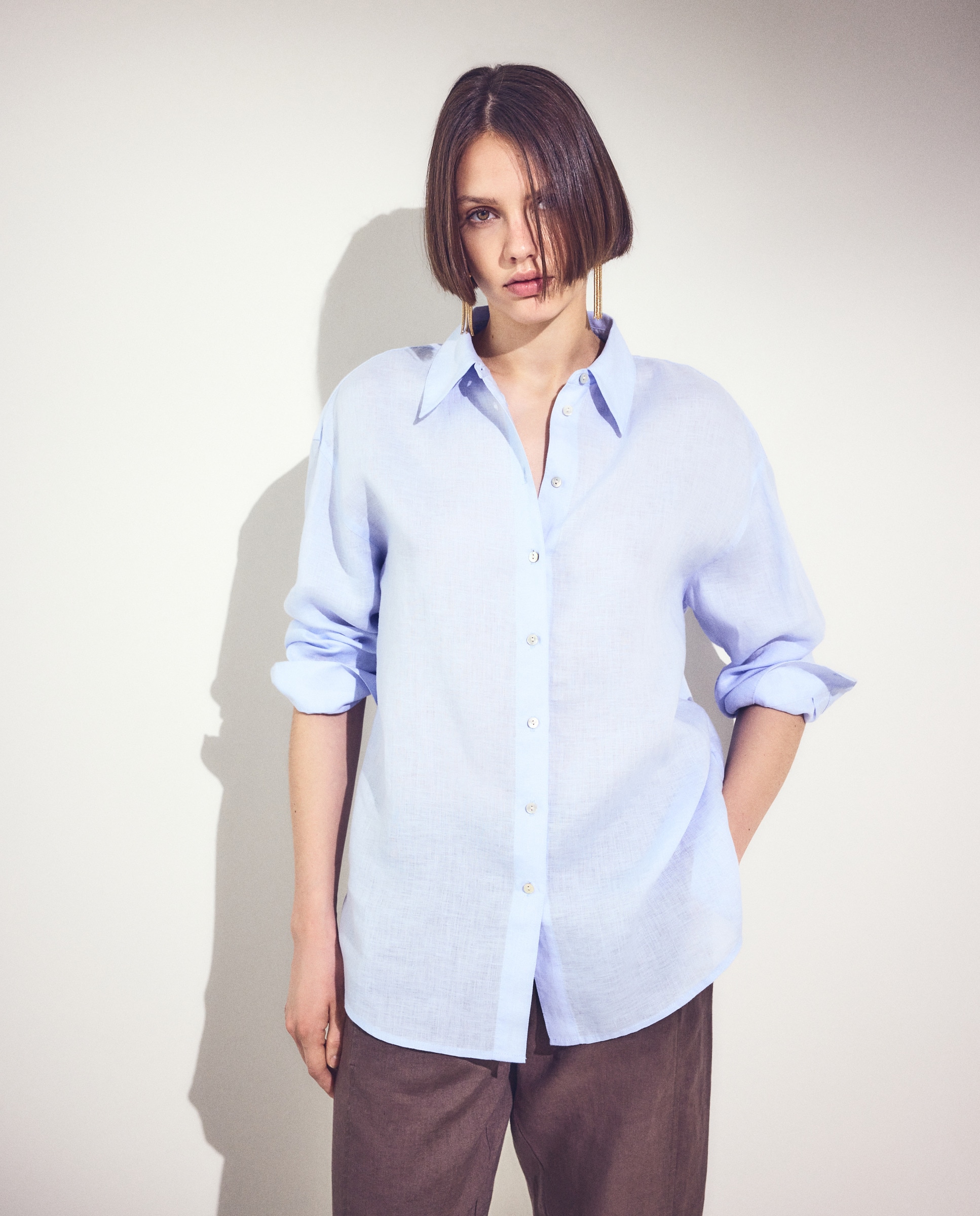 Camisa de Manga Comprida em Linho 410 Azul Claro-3