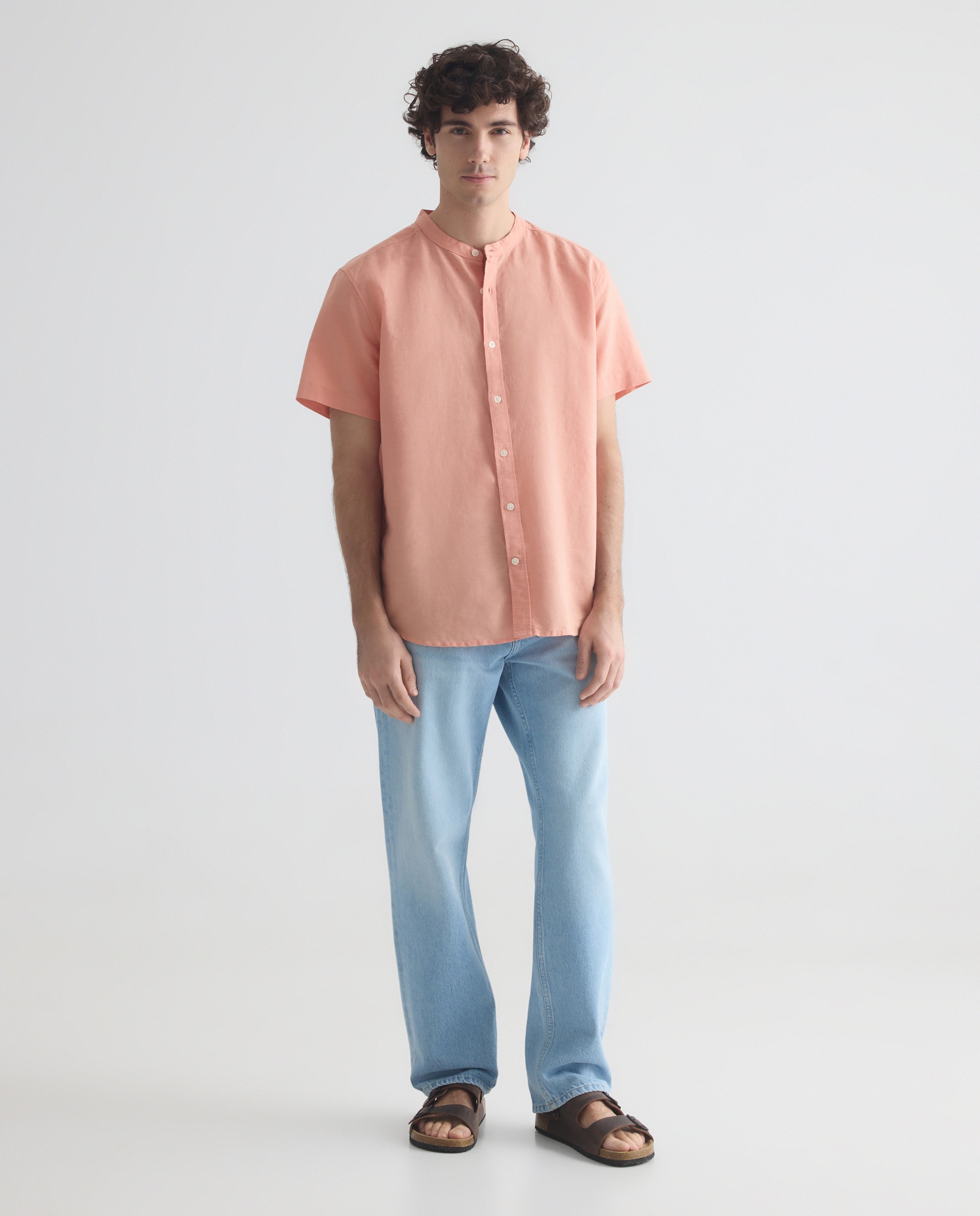 Camisa sport manga corta hombre con lino cuello mao 660 Naranja-2