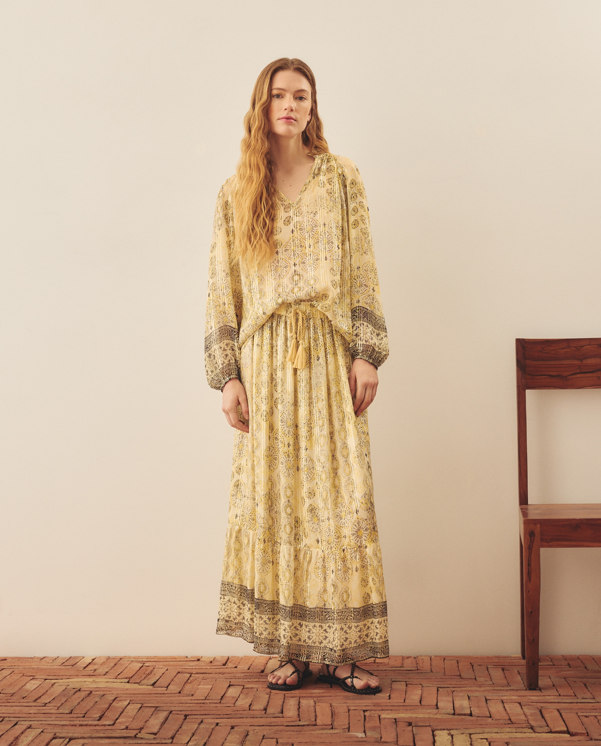 Blusa Estampada de Chiffon Amarelo-2