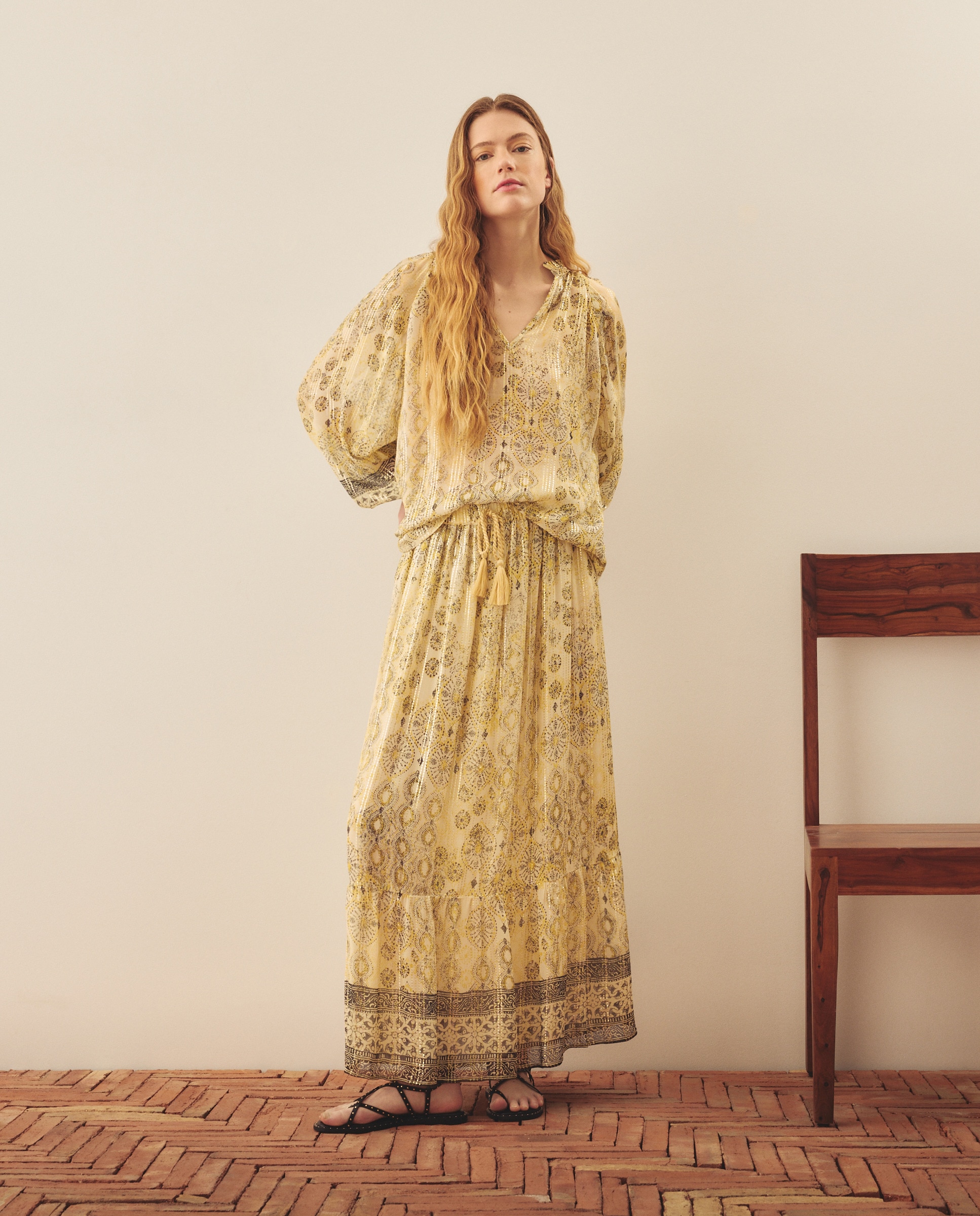 Saia Vaporosa Estampada Amarelo-1