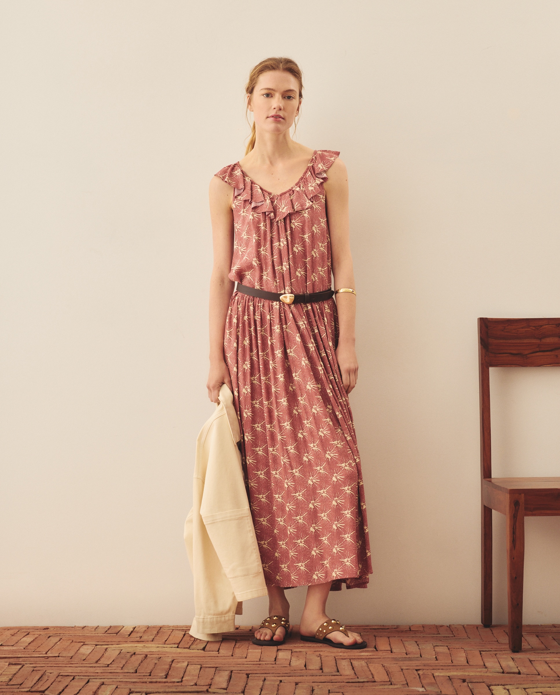 Vestido Midi com Folho Rosa-2