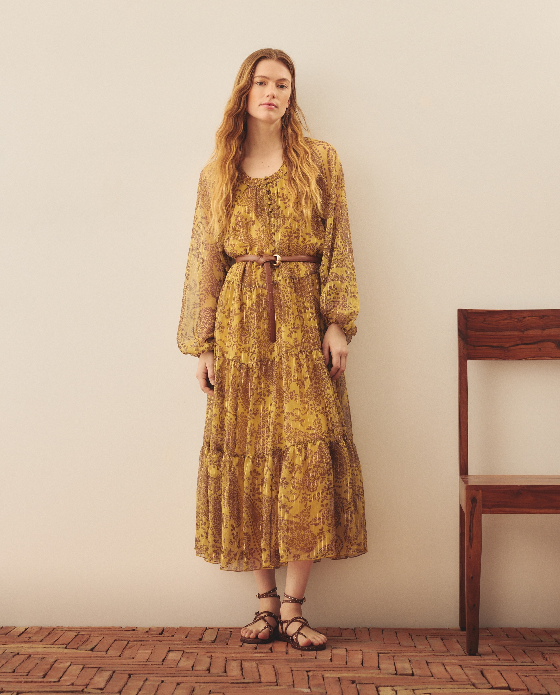 Vestido Estampado Comprido Amarelo-2