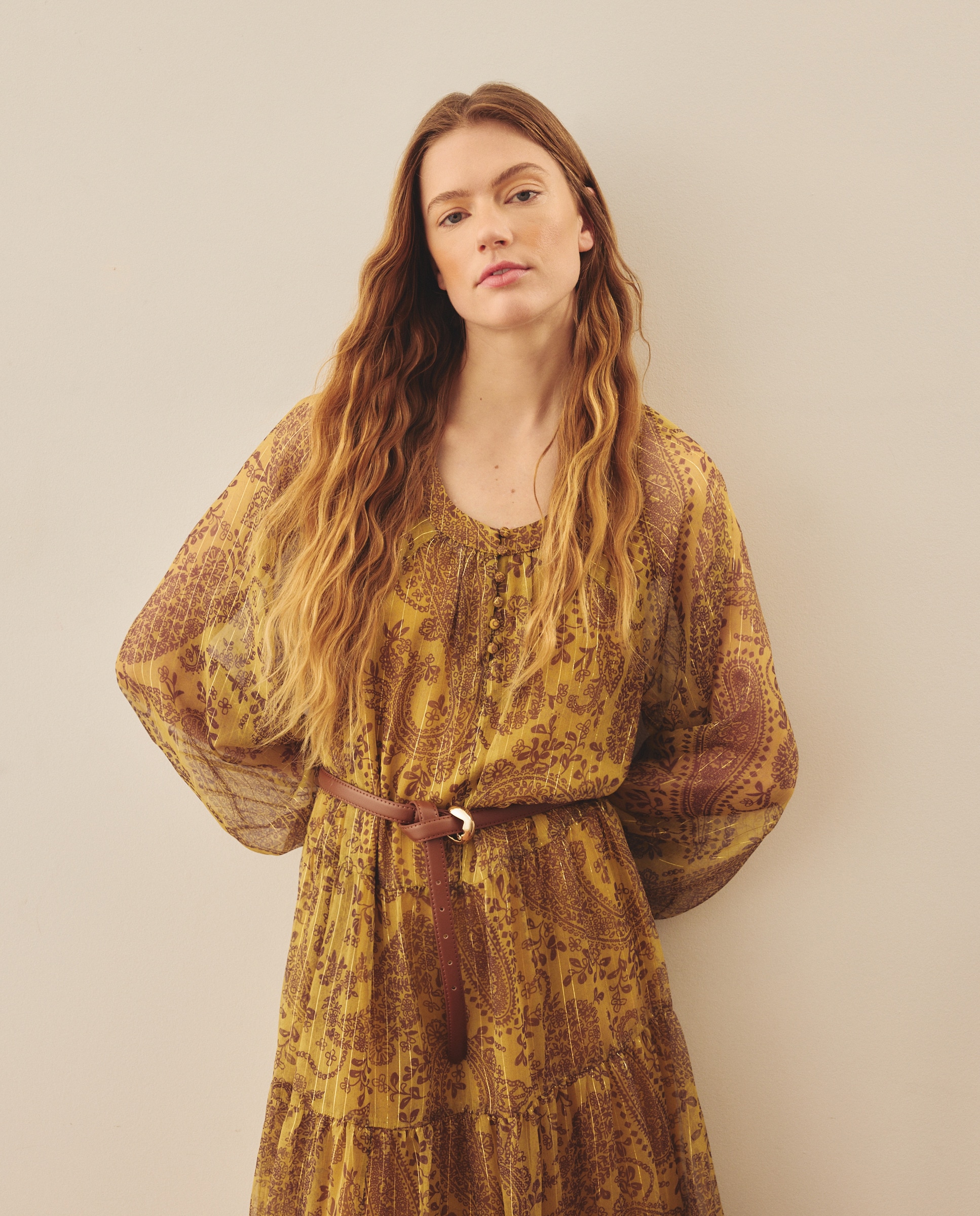 Vestido Estampado Comprido Amarelo-4