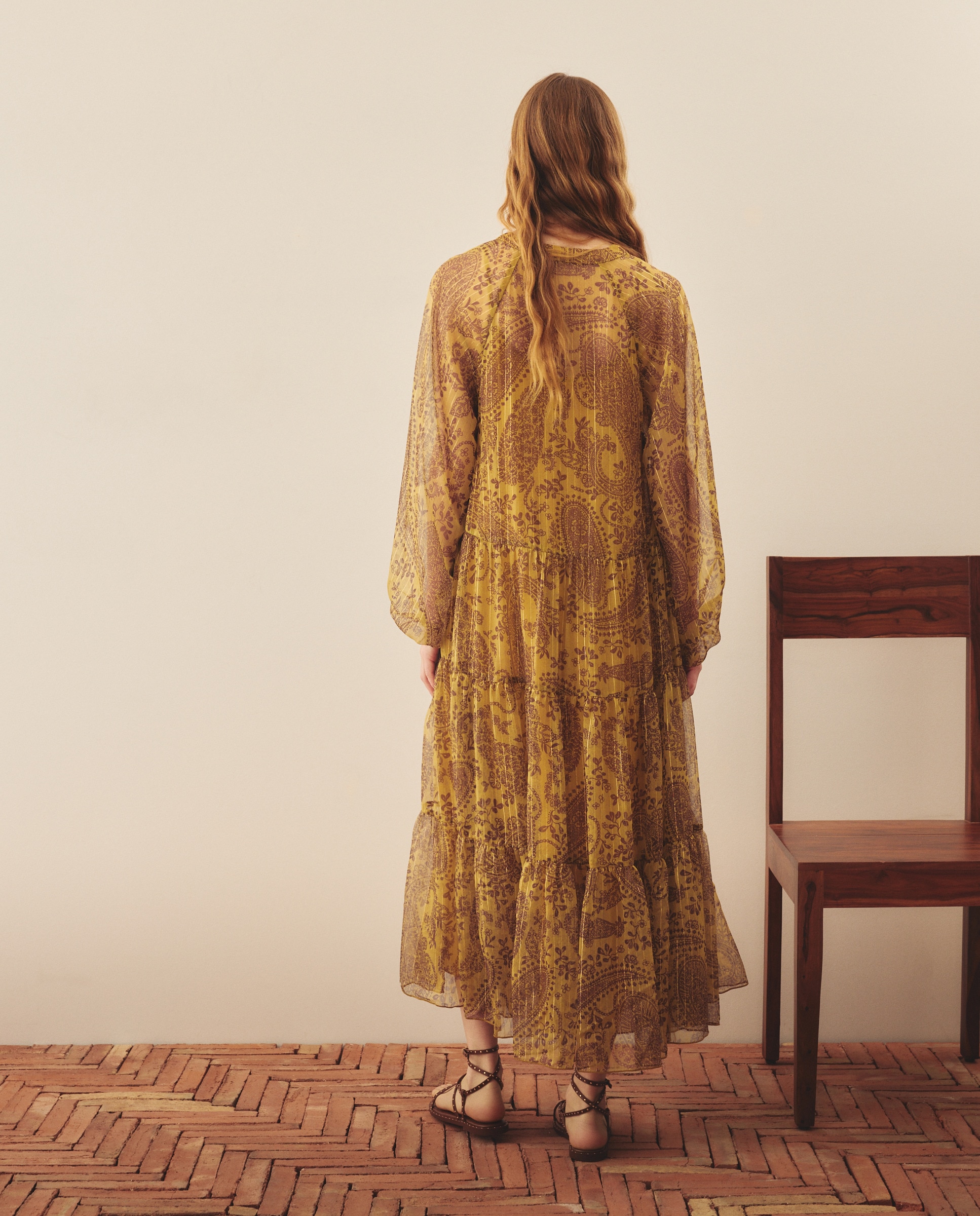 Vestido Estampado Comprido Amarelo-3