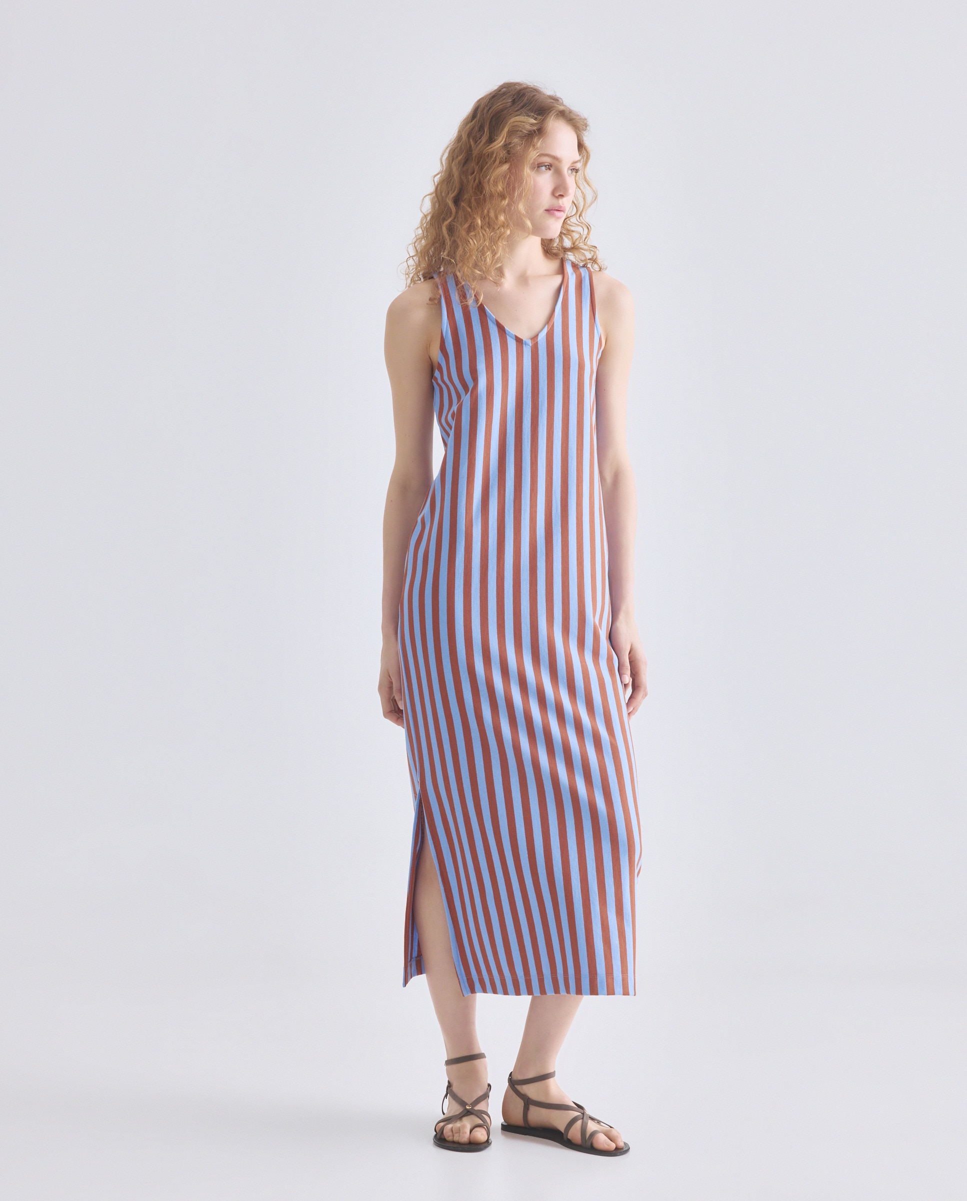 Vestido de mujer cuello pico con lazada en espalda Azul-2