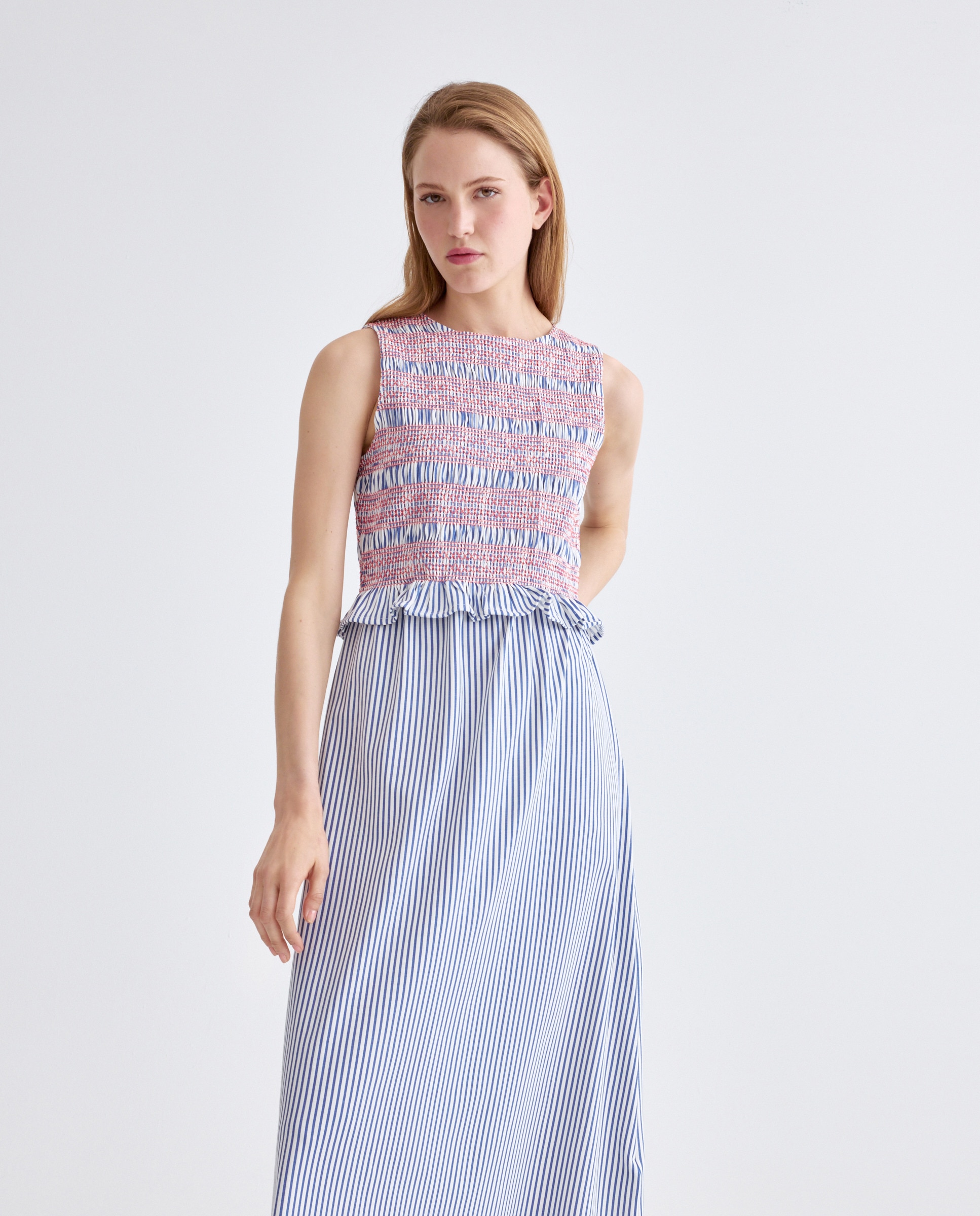 Vestido de mujer cuello caja sin mangas fruncido Azul-2