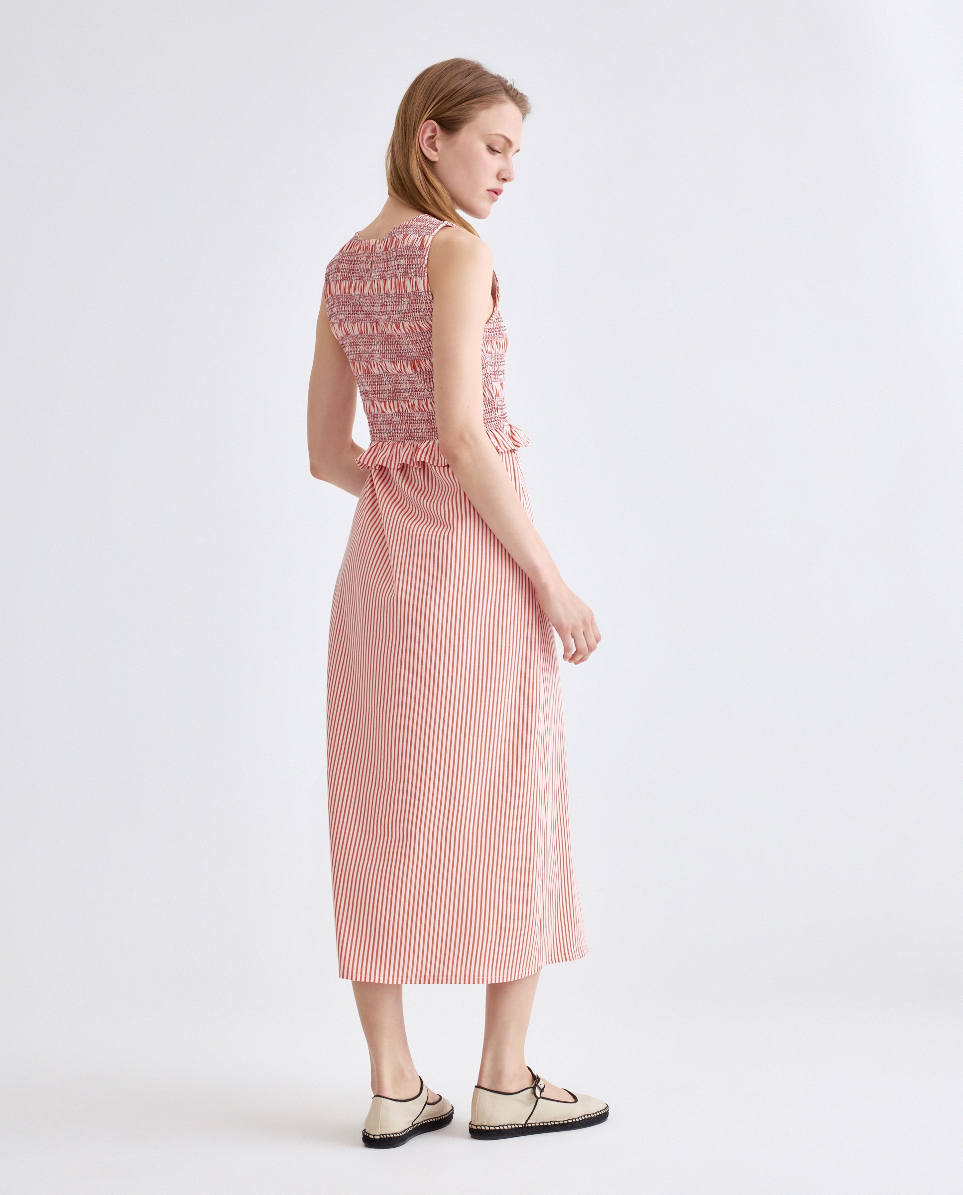 Vestido de mujer cuello caja sin mangas fruncido Rosa-3