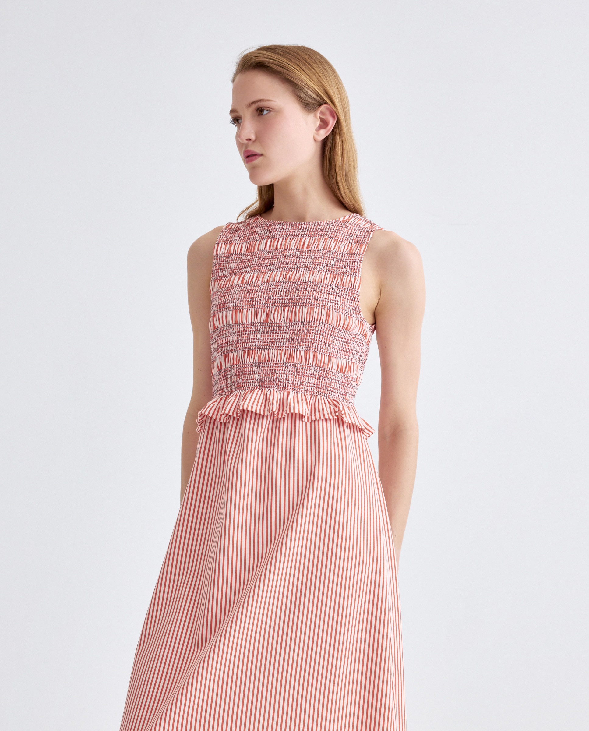 Vestido de mujer cuello caja sin mangas fruncido Rosa-2