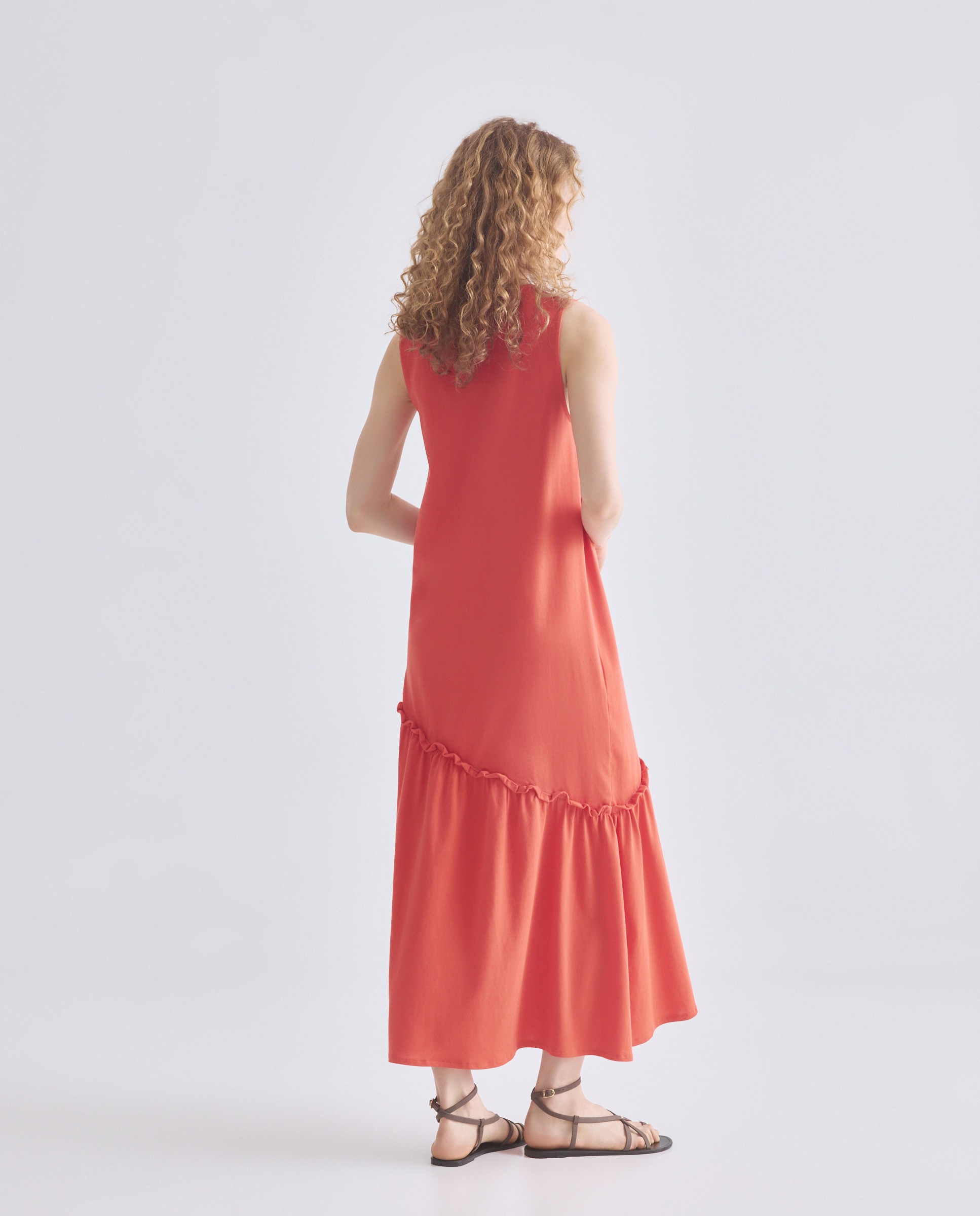 Vestido de mujer cuello caja corte diagonal liso 630 Coral-3