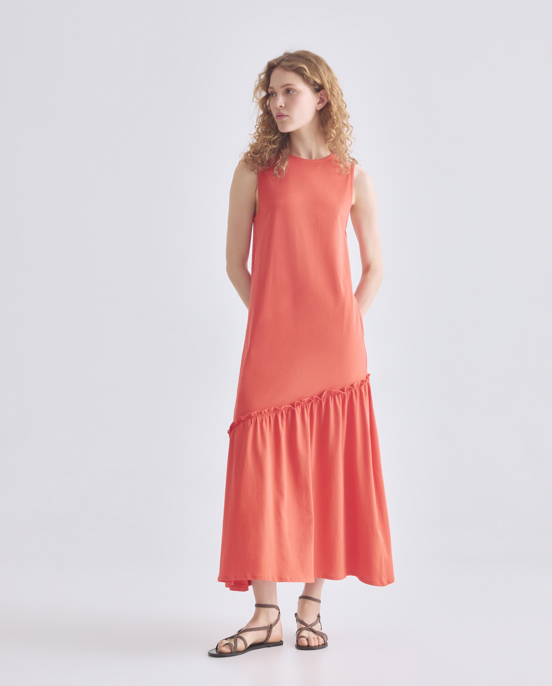 Vestido de mujer cuello caja corte diagonal liso 630 Coral-2