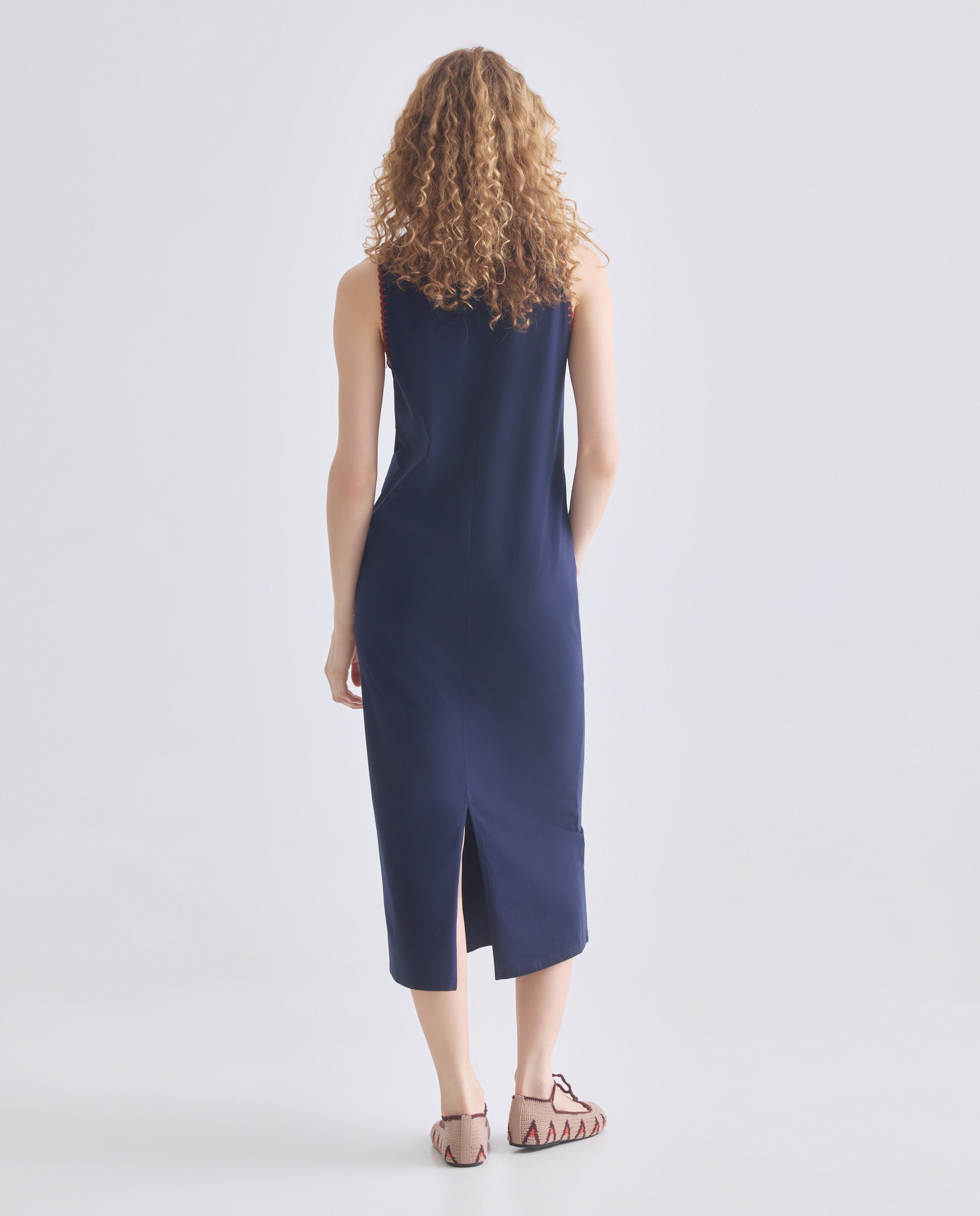 Vestido de mujer ribete bordado a contraste sin mangas Azul marino-3