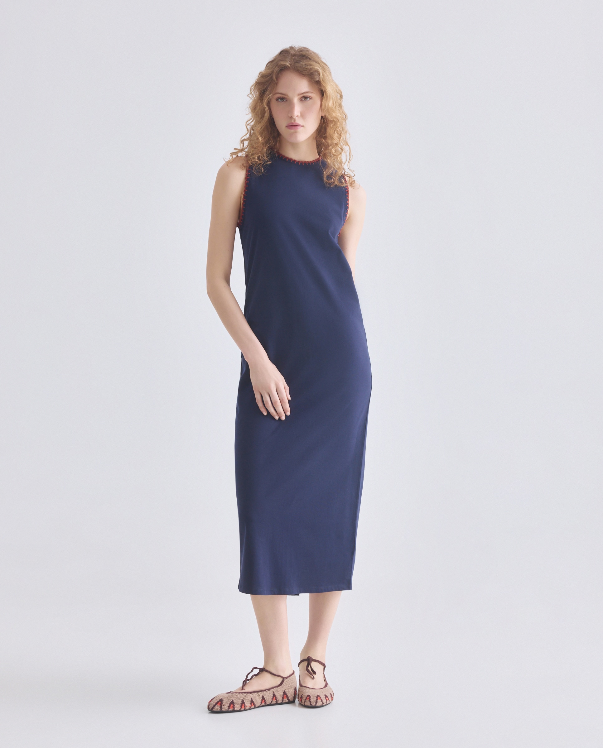 Vestido de mujer ribete bordado a contraste sin mangas Azul marino-2