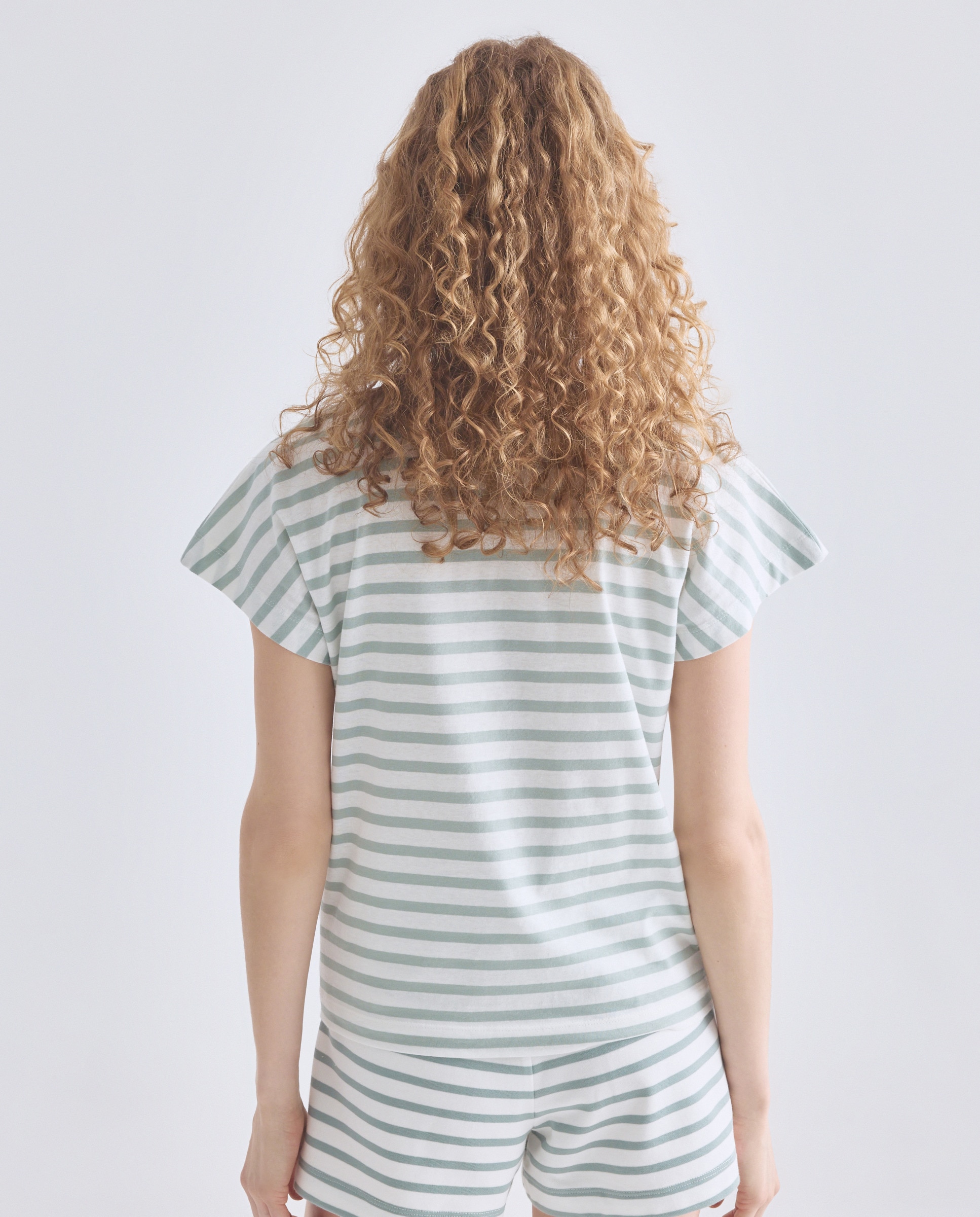 Camiseta básica de mujer cuello caja rayas Verde-3