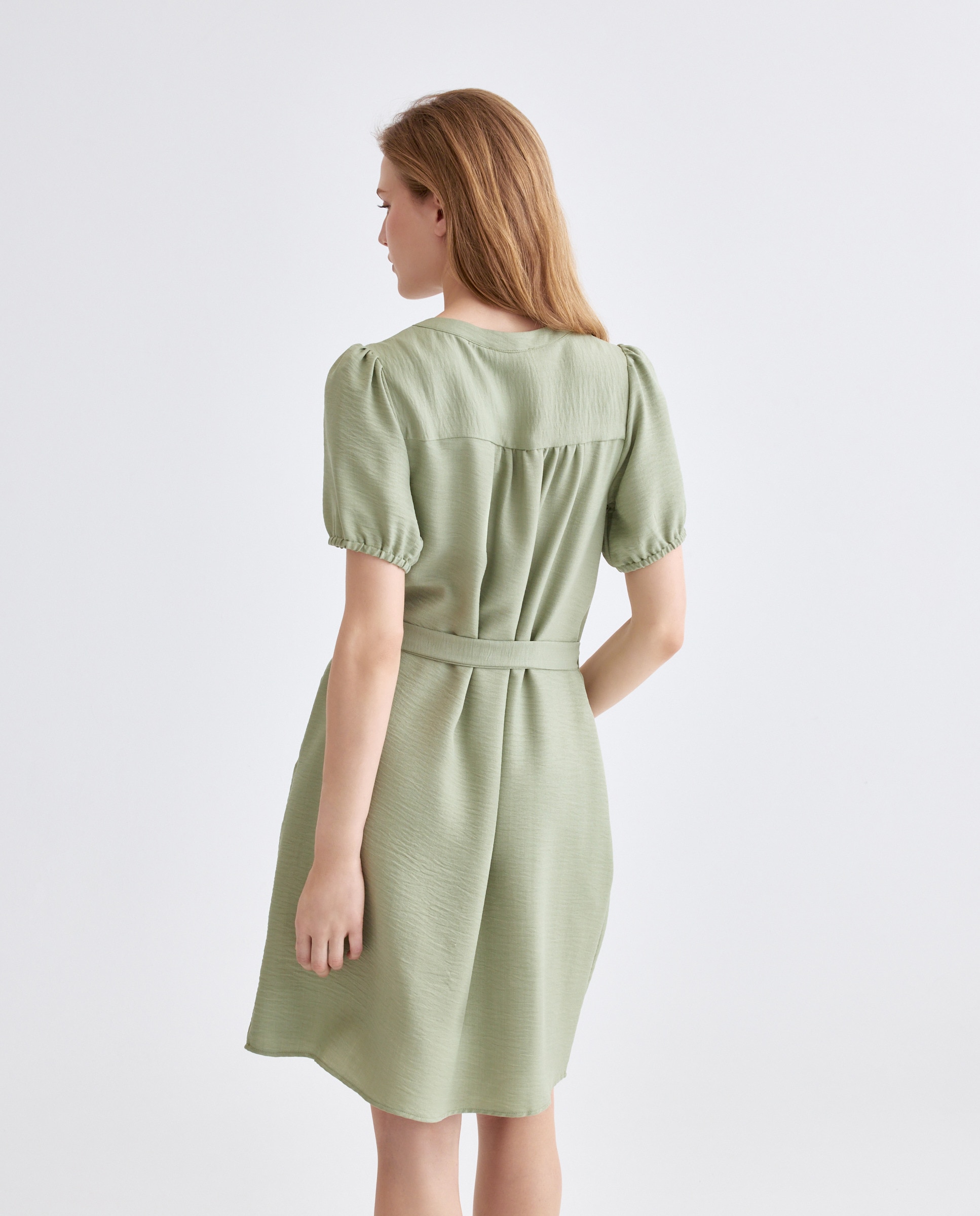 Vestido liso com manga curta Caqui-3
