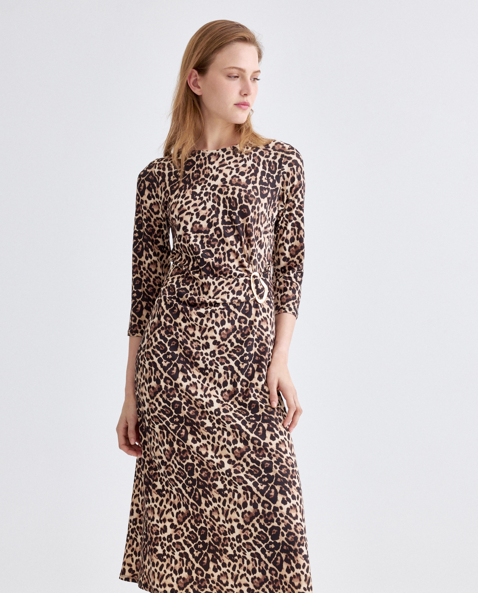 Vestido Comprido Estampado com Manga 3/4 Castanho-2