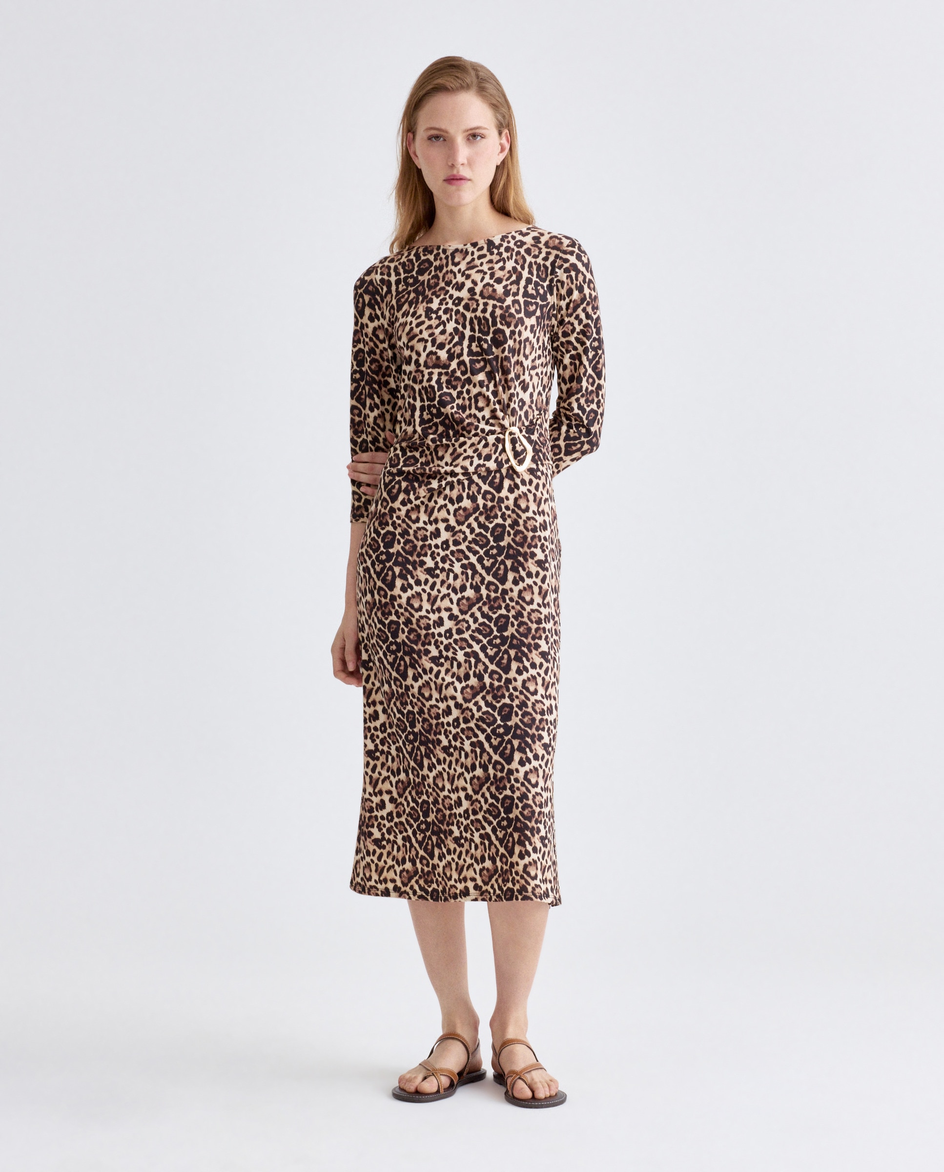 Vestido Comprido Estampado com Manga 3/4 Castanho-1