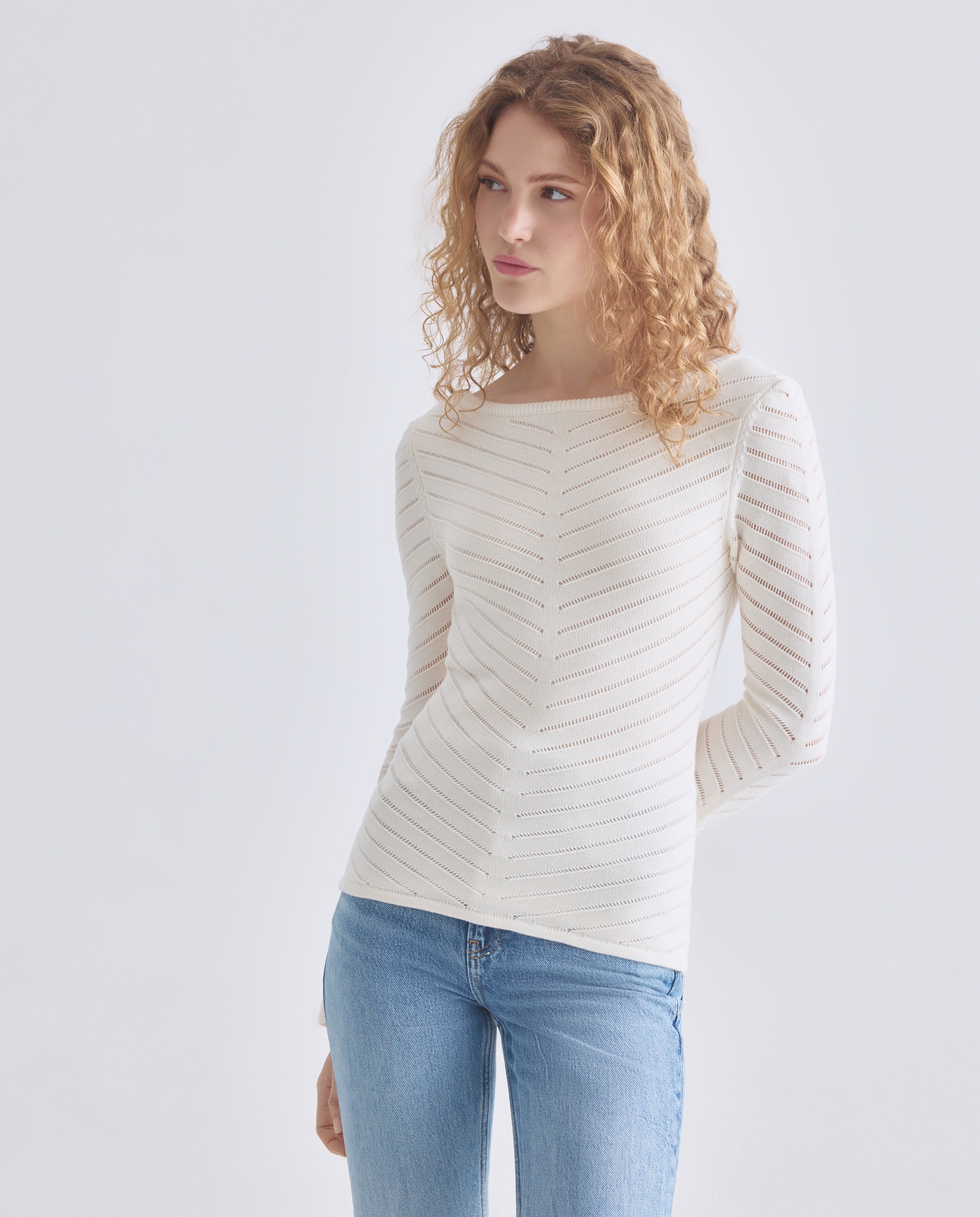 Camisola de Malha com Manga Comprida e Gola Larga Branco-1