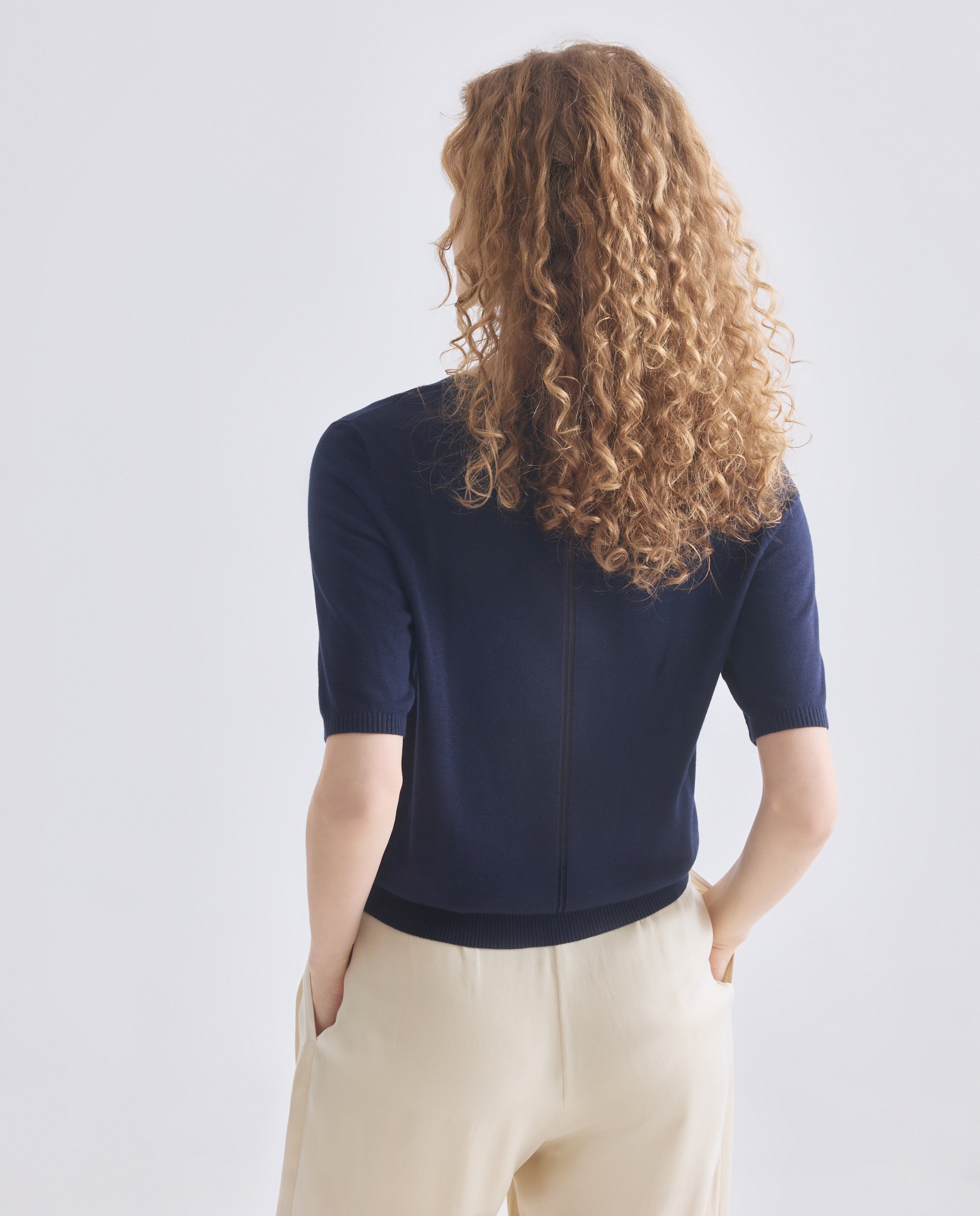 Camisola de Malha com Manga Curta e Decote Redondo Azul-3