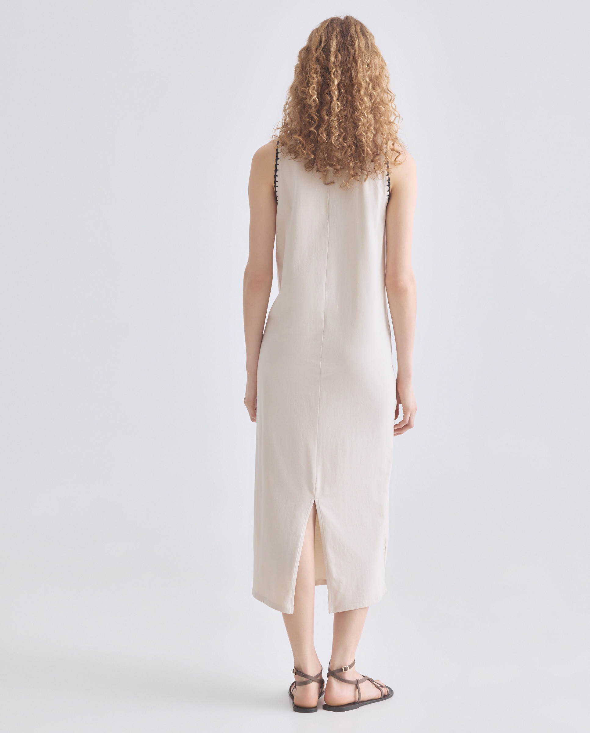 Vestido de mujer ribete bordado a contraste sin mangas Beige-3