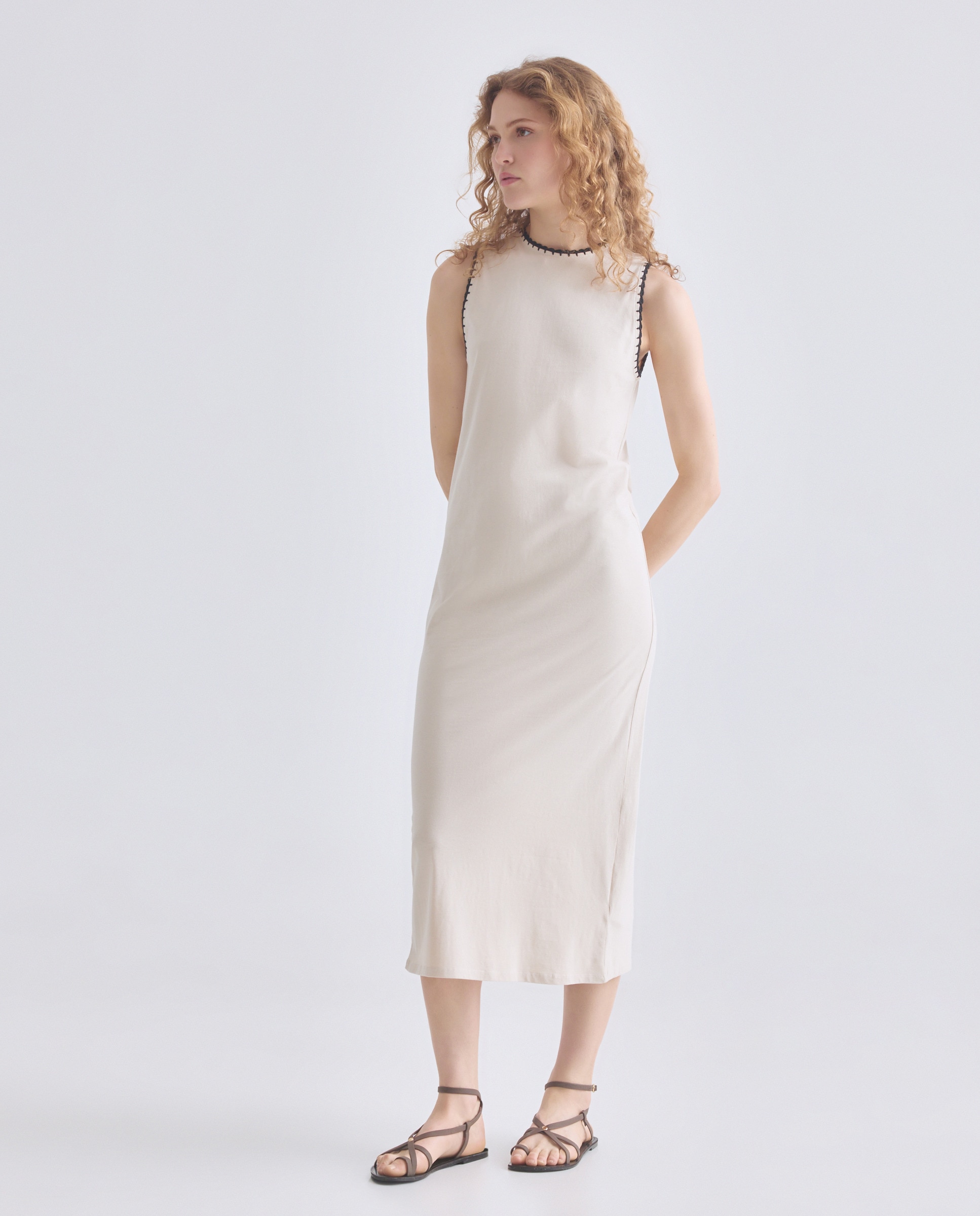 Vestido de mujer ribete bordado a contraste sin mangas Beige-2