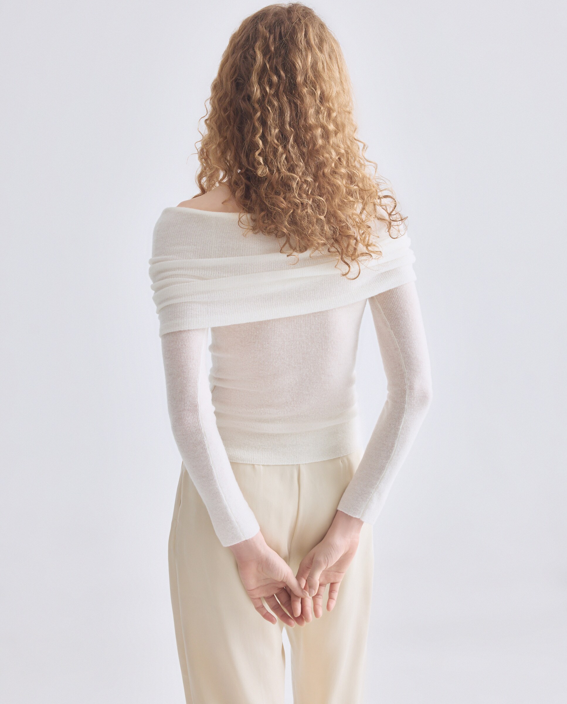 Camisola de Malha de Lã com Manga Comprida Branco-4