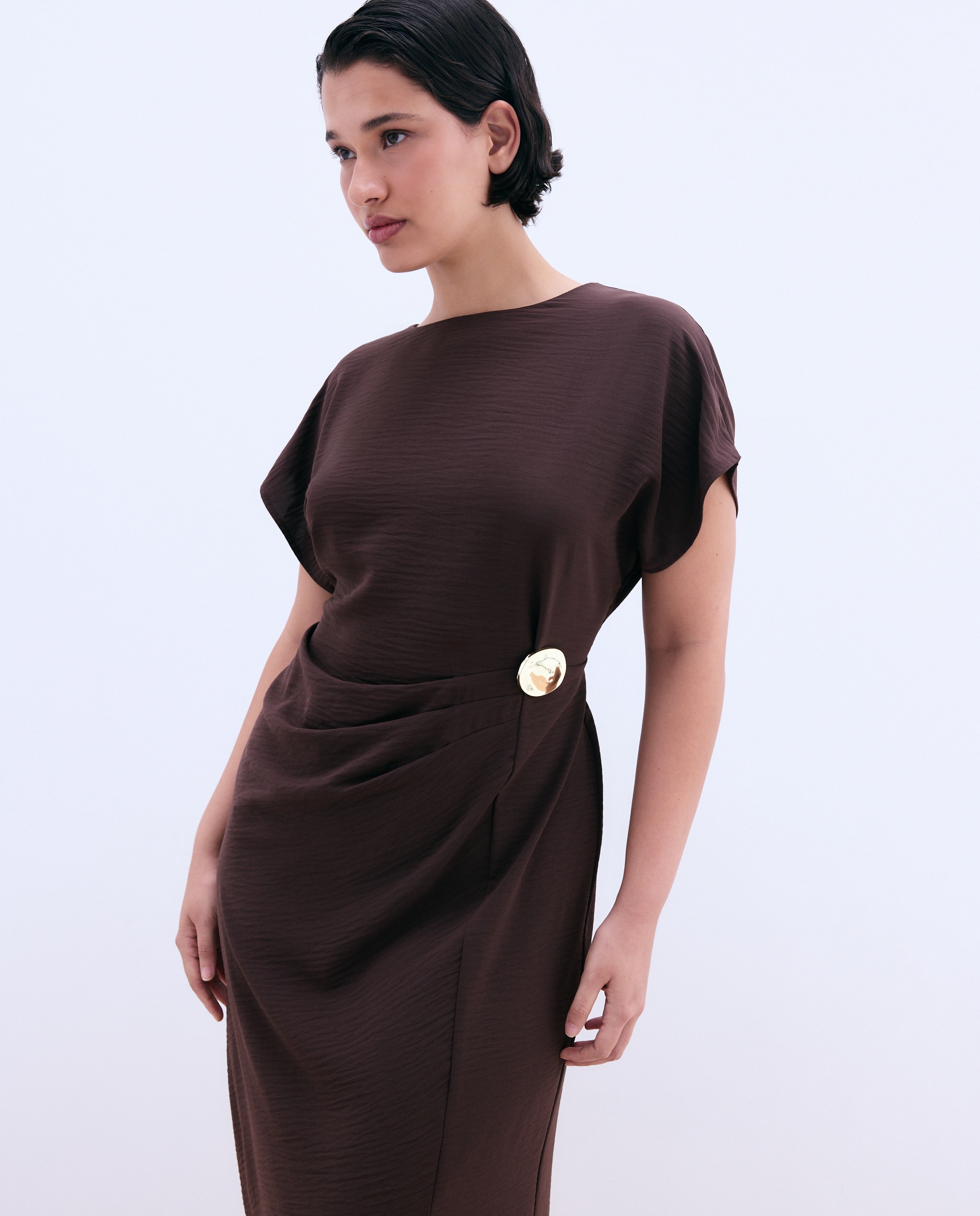 Vestido Midi Drapeado sem Mangas Castanho-2