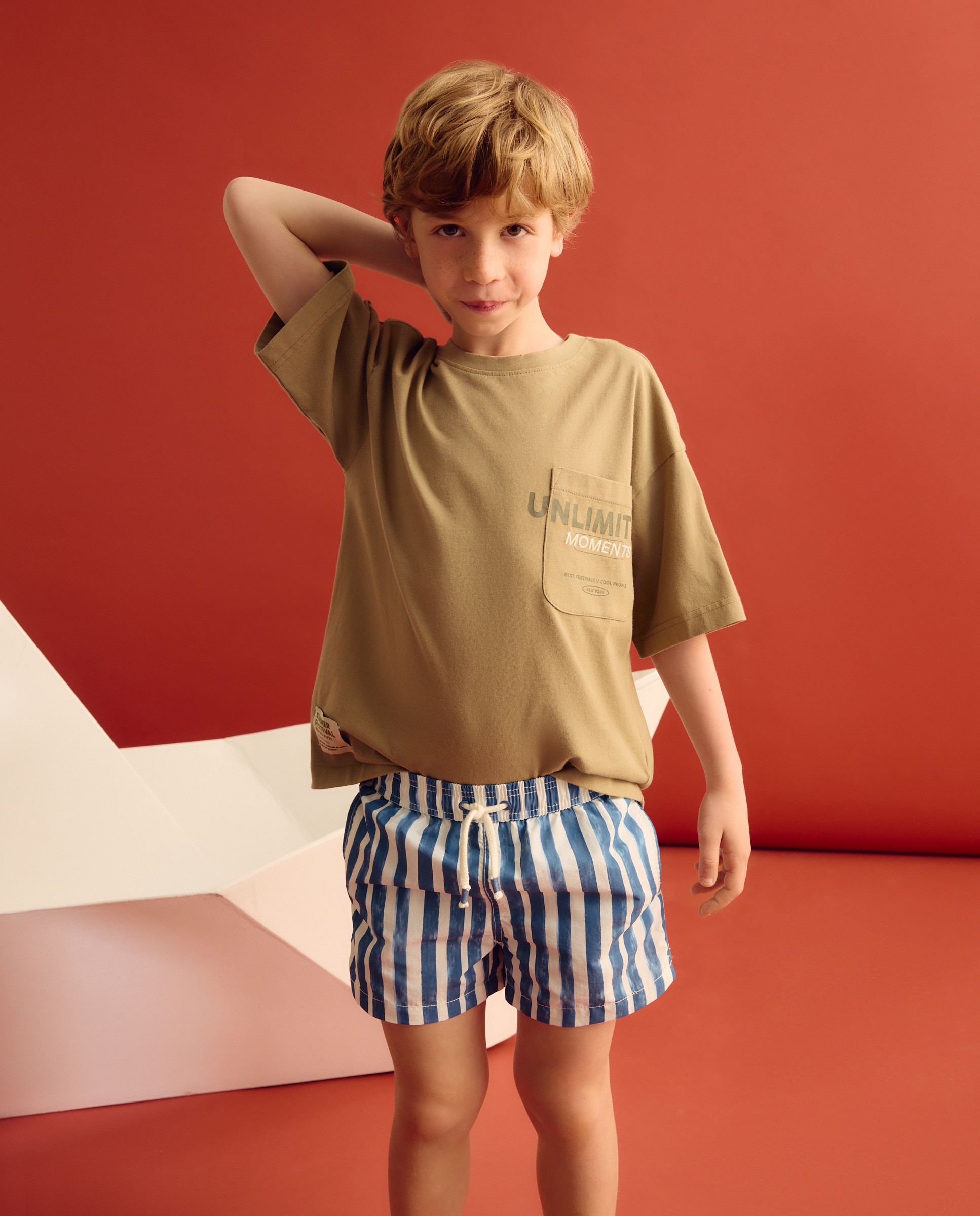 Calções de Banho de Algodão Bordado Azul-2