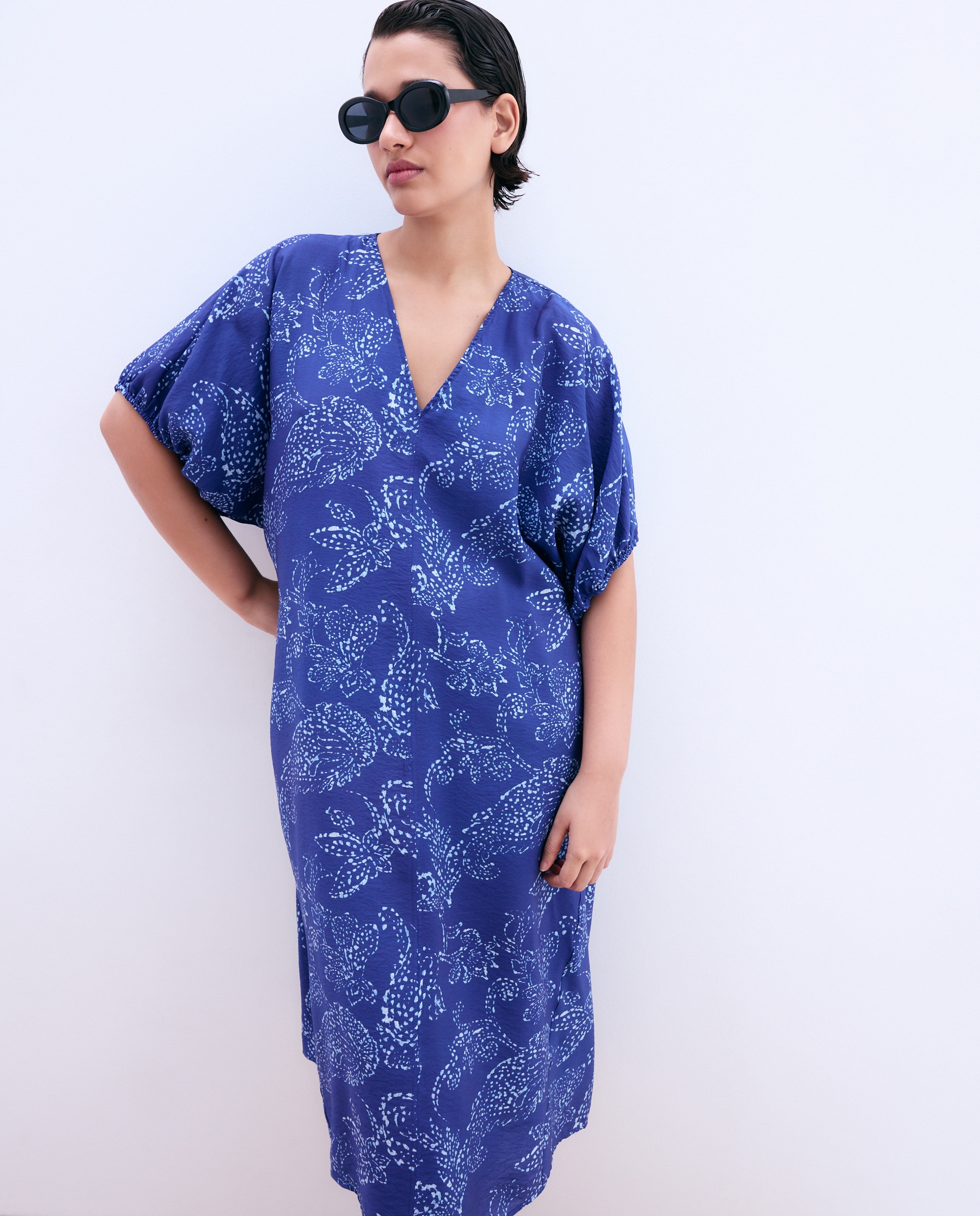 Vestido de Manga Curta com Estampado de Caxemira Azul-1