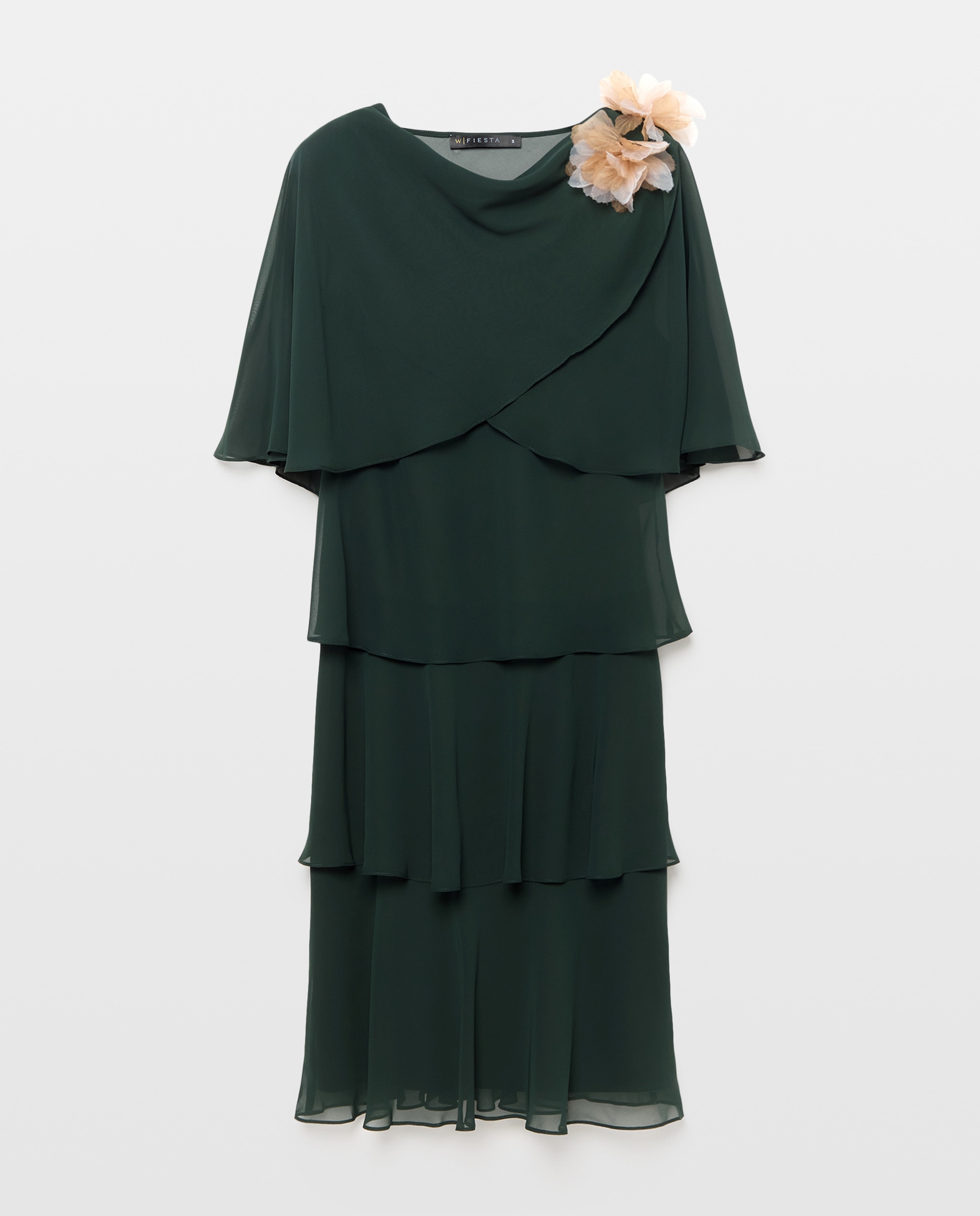 Vestido Curto Multicamadas sem Mangas e com Capelina Estampada 530 Verde Escuro-6