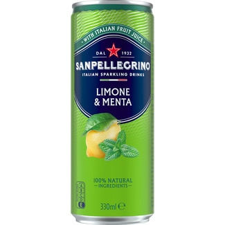 agua mineral natural con gas con sabor limón y menta lata 33 cl - San Pellegrino